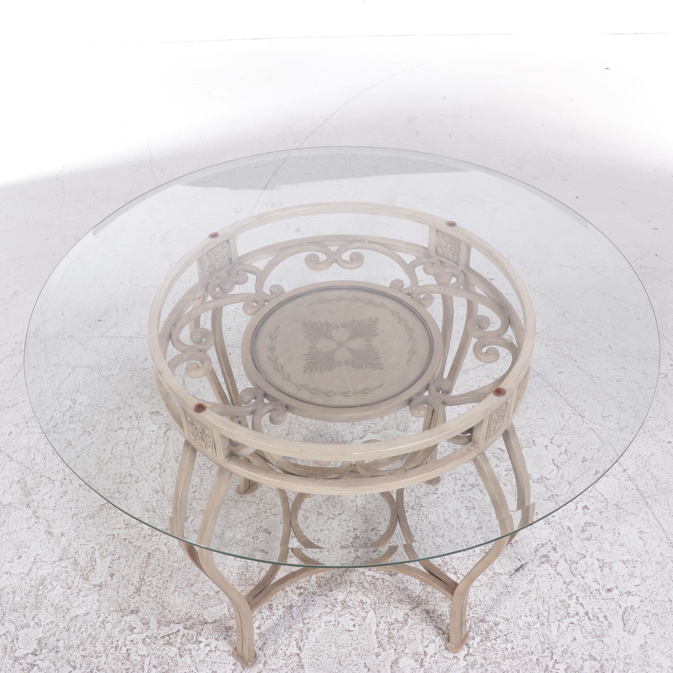 Carven Glass Top Scrolled Metal Dining Table and Four Chairs