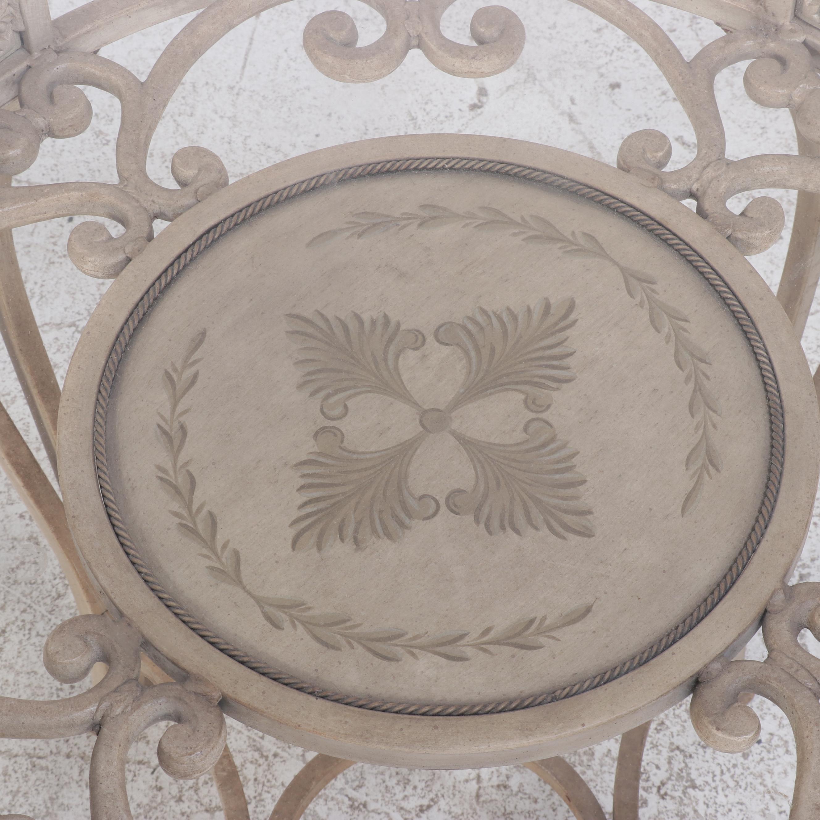 Carven Glass Top Scrolled Metal Dining Table and Four Chairs