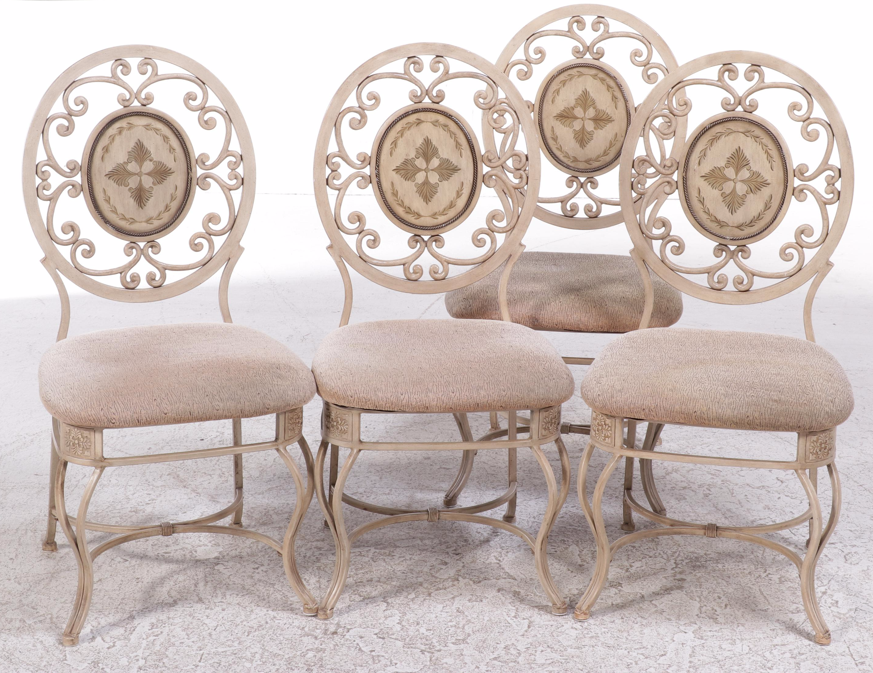 Carven Glass Top Scrolled Metal Dining Table and Four Chairs