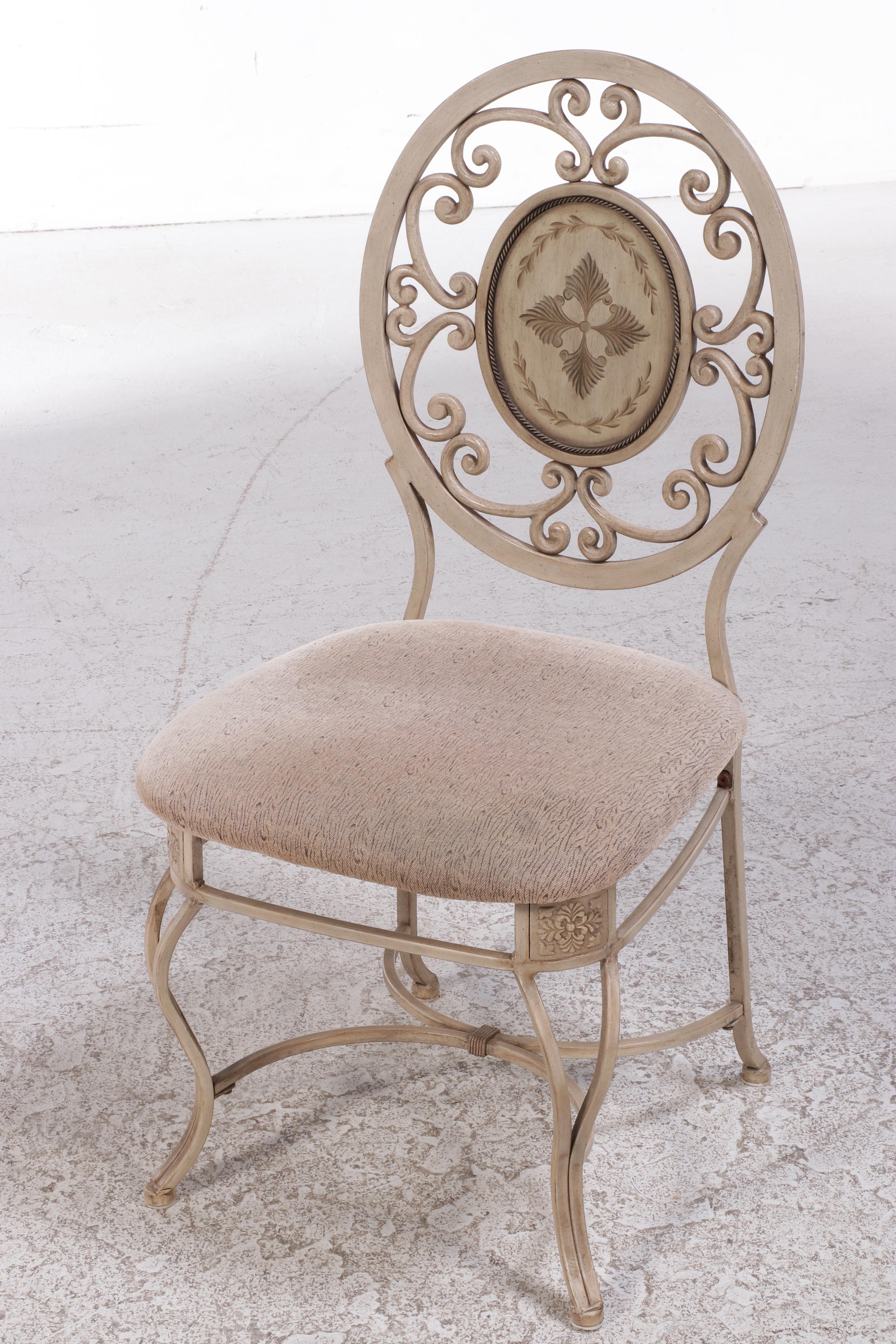 Carven Glass Top Scrolled Metal Dining Table and Four Chairs