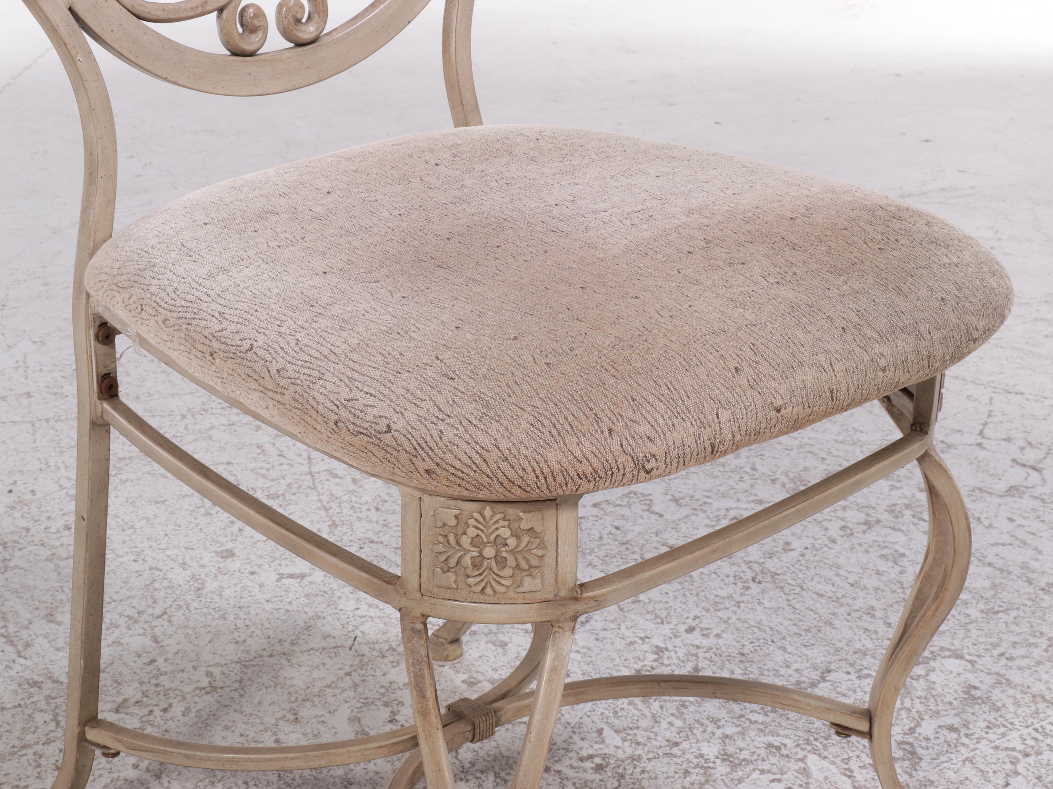 Carven Glass Top Scrolled Metal Dining Table and Four Chairs