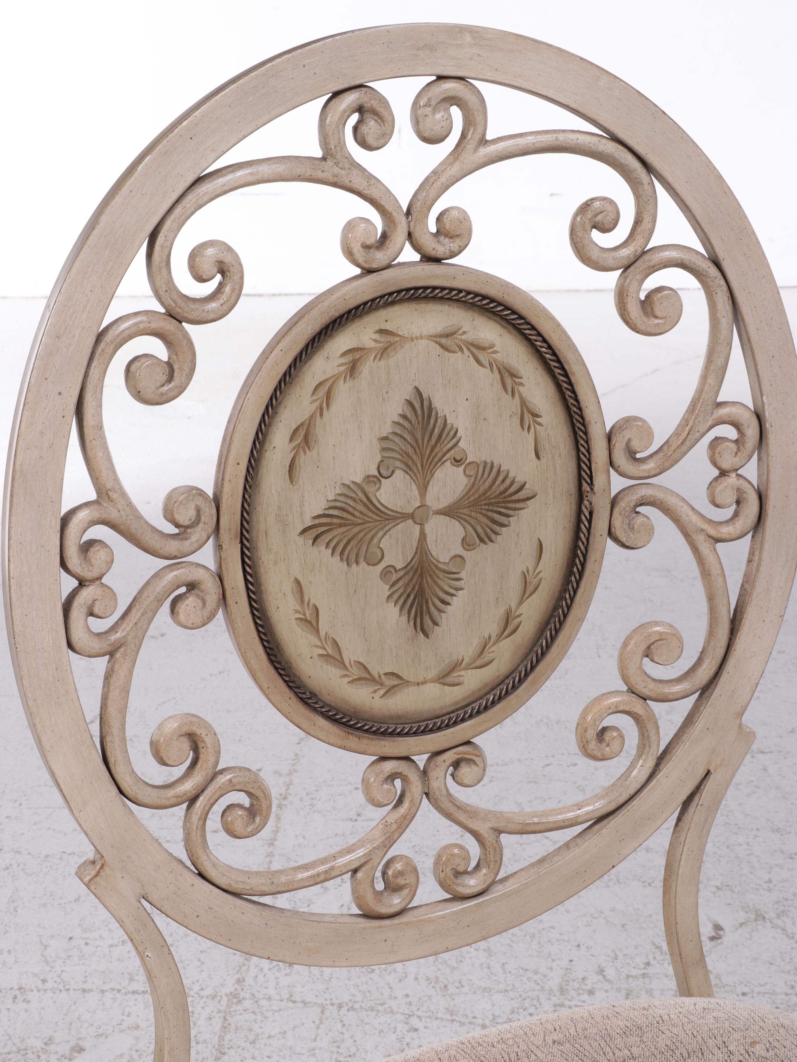 Carven Glass Top Scrolled Metal Dining Table and Four Chairs