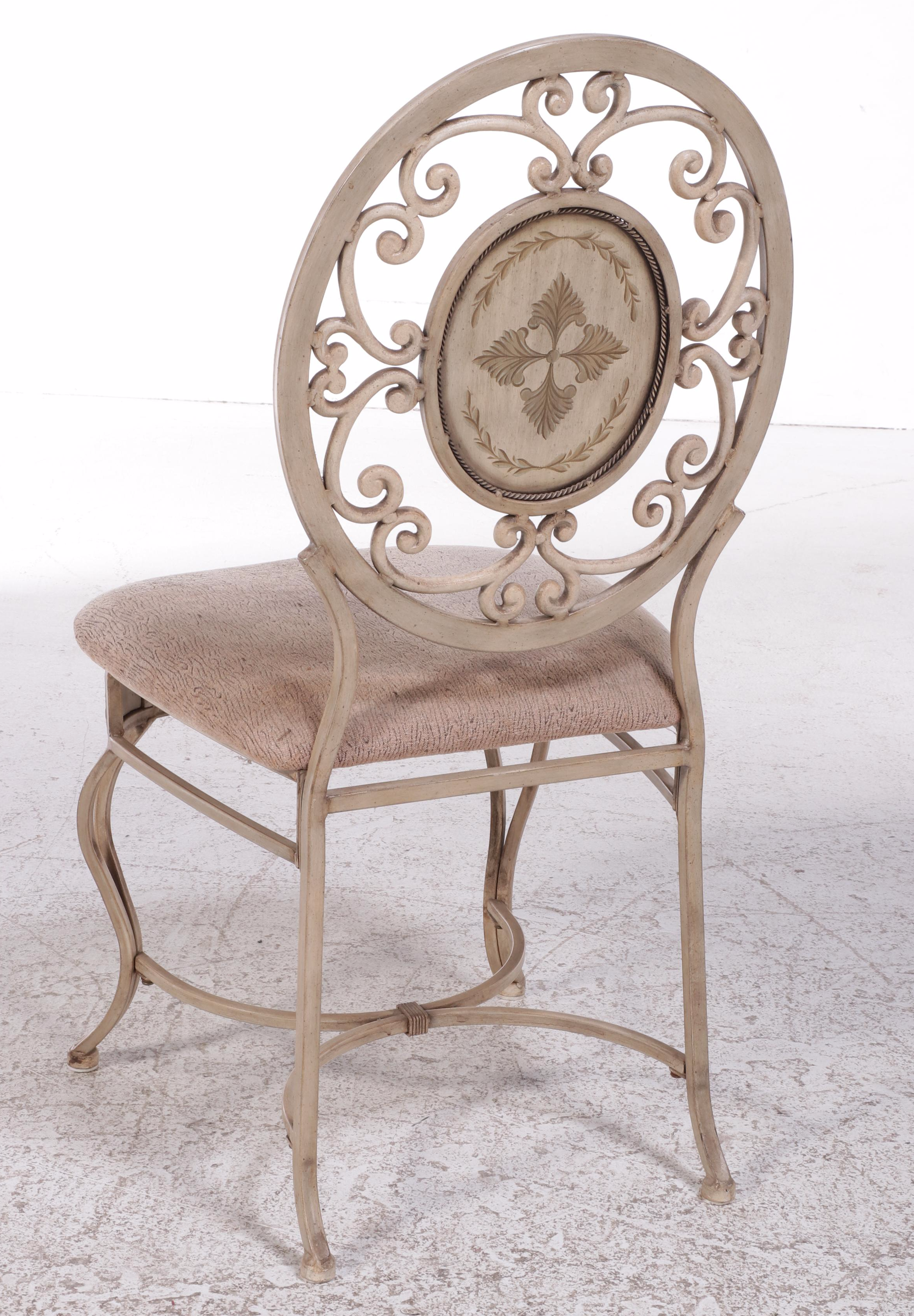 Carven Glass Top Scrolled Metal Dining Table and Four Chairs