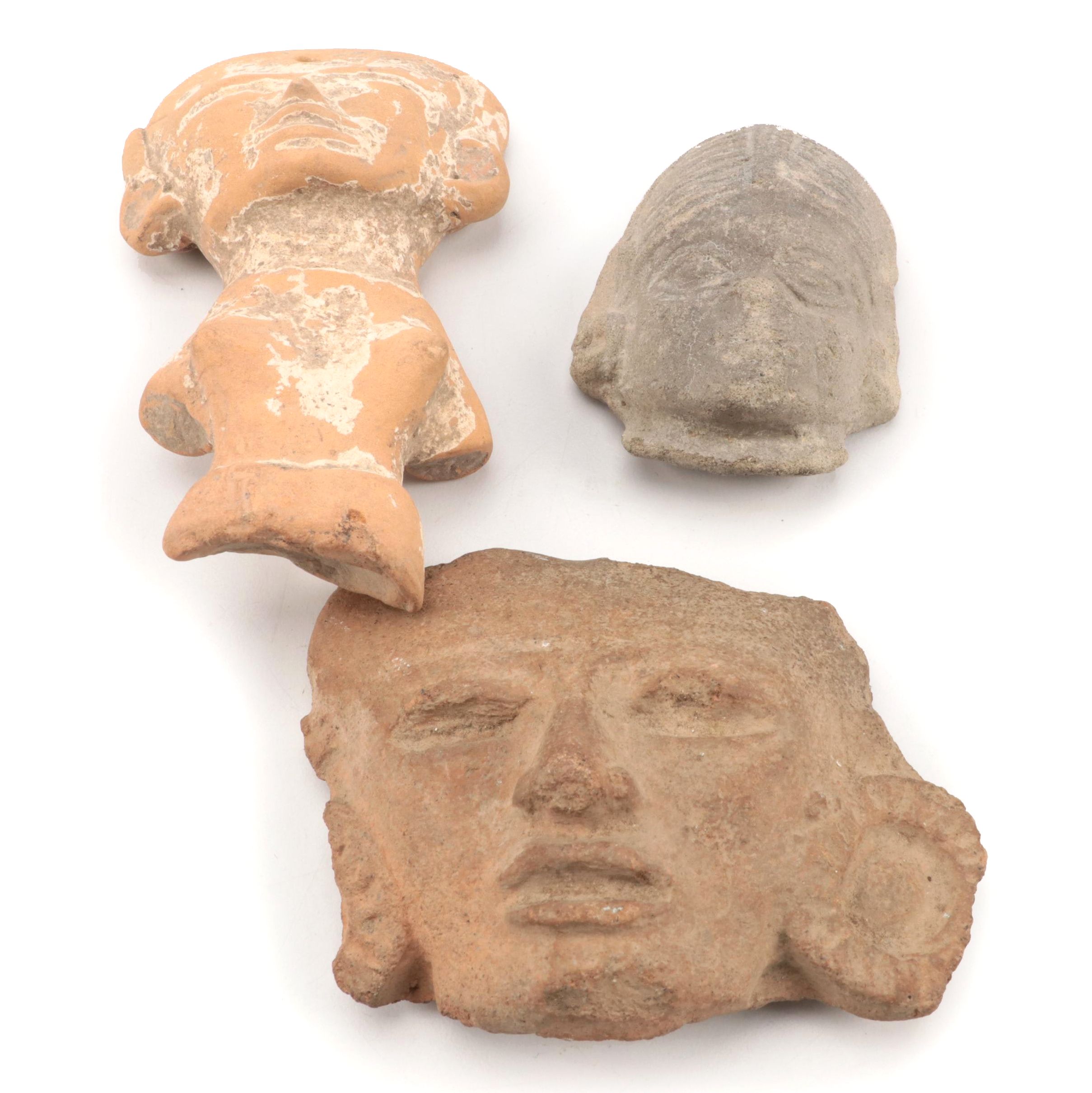 Pre-Columbian Mayan Clay Idol Heads and Idol Pendant, Circa 100 BCE–600 CE
