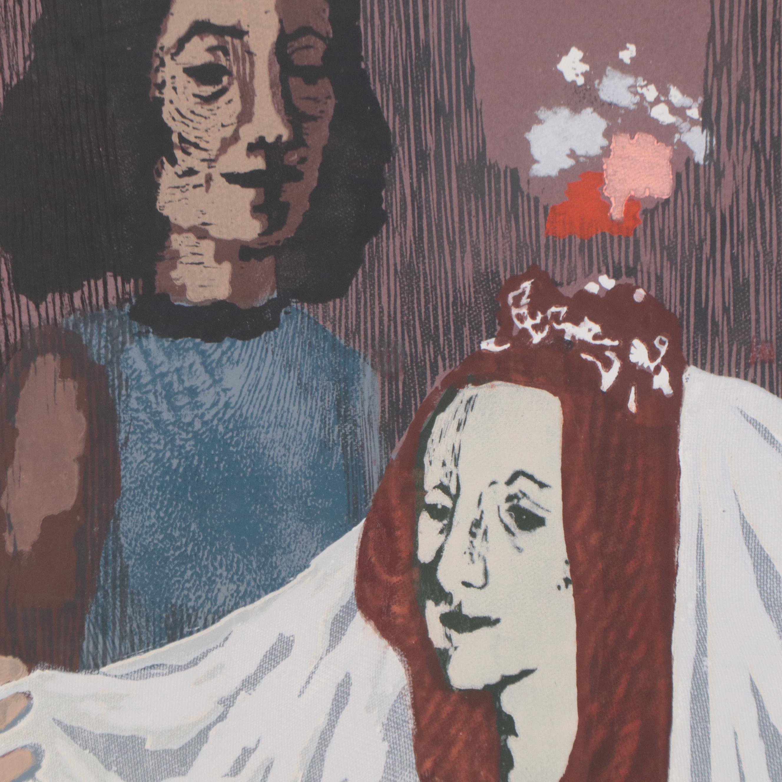Miron Sima Figurative Woodcut "The Bride," 1970