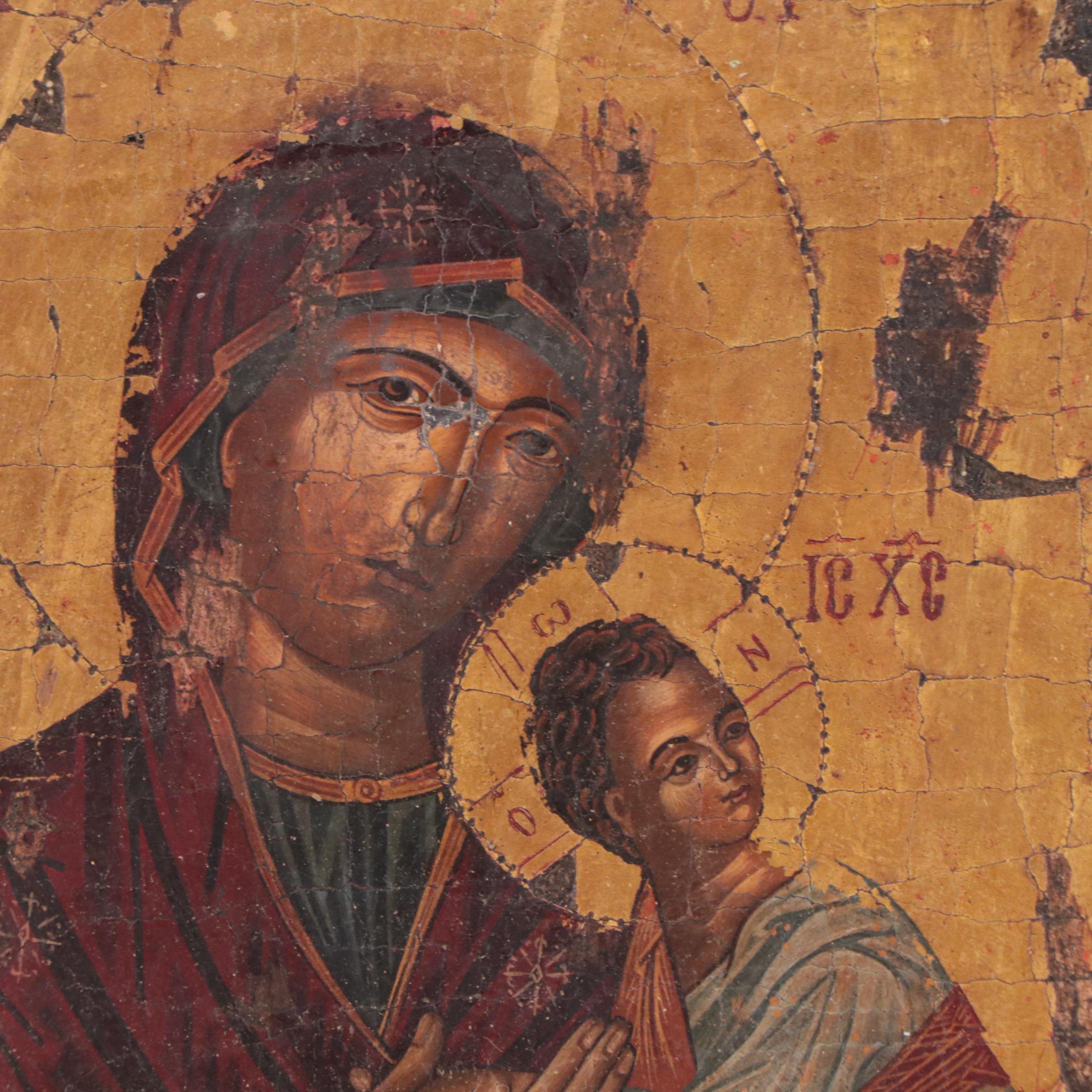 Egg Tempera and Gold Leaf Icon Painting of Madonna and Child