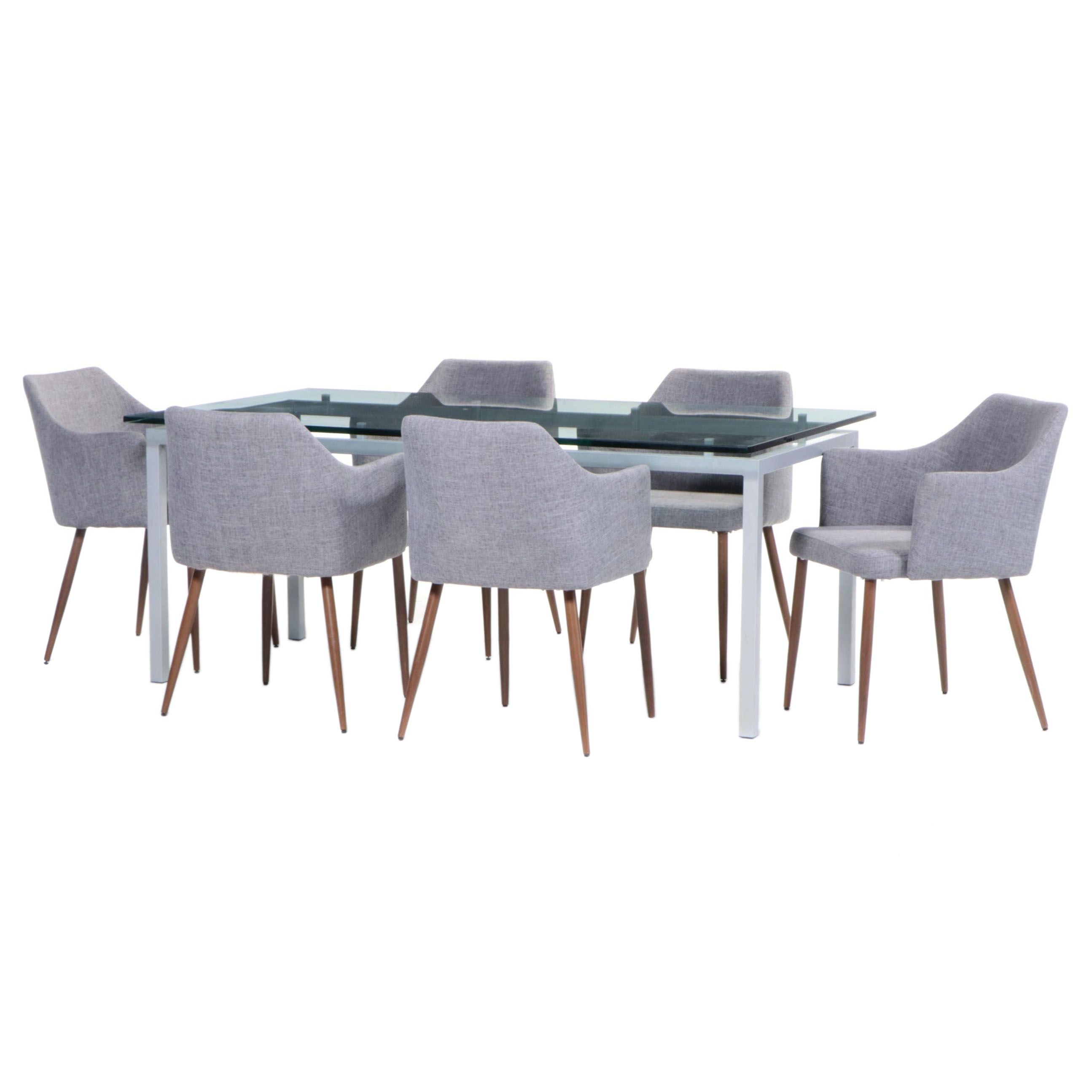 Modernist Style Metal and Glass Top Table with Noble House Dining Chairs