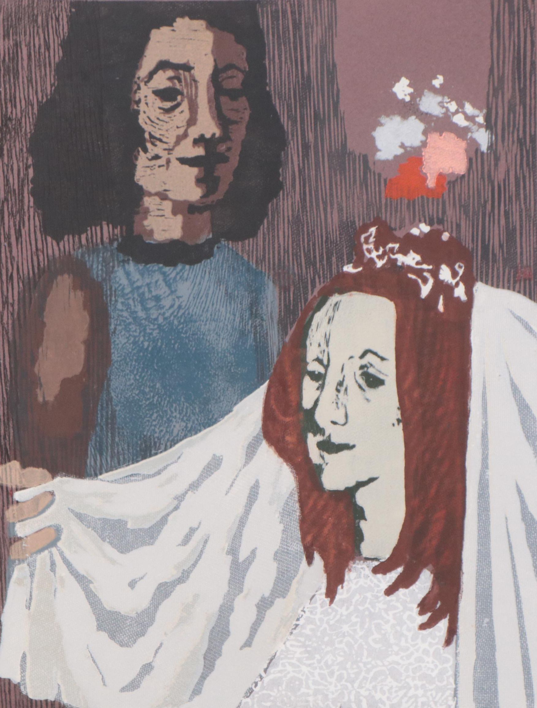 Miron Sima Figurative Woodcut "The Bride," 1970