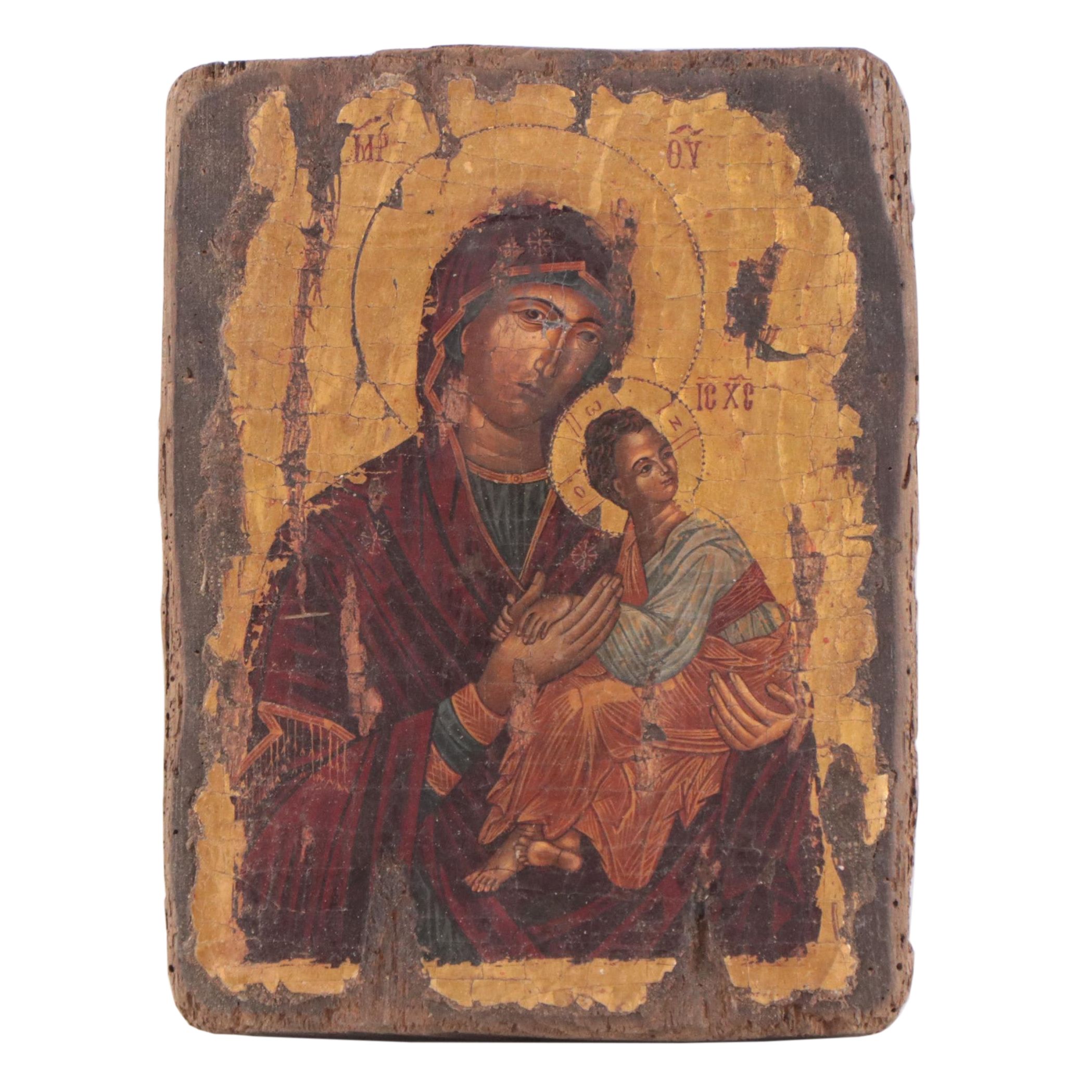 Egg Tempera and Gold Leaf Icon Painting of Madonna and Child