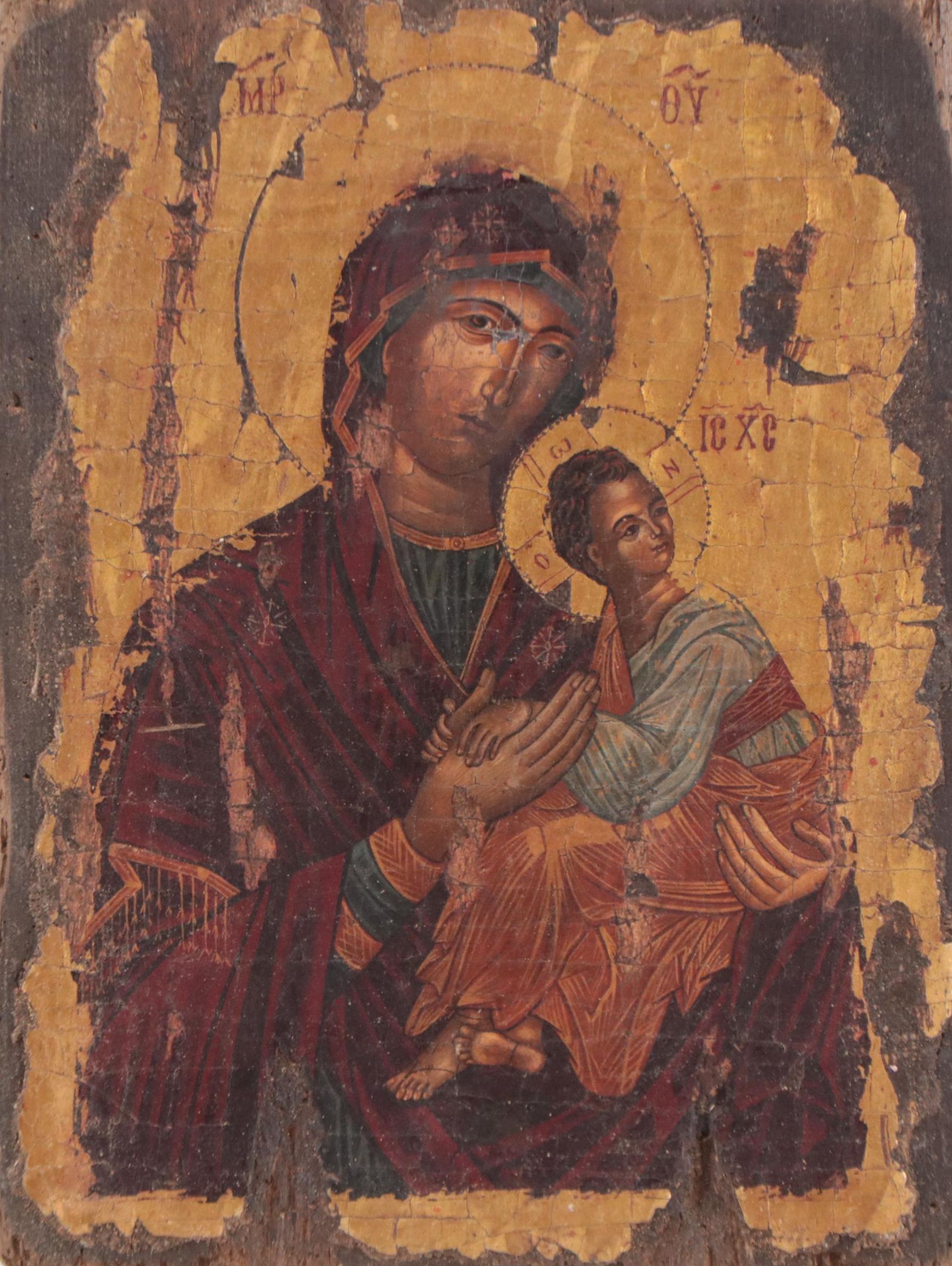 Egg Tempera and Gold Leaf Icon Painting of Madonna and Child