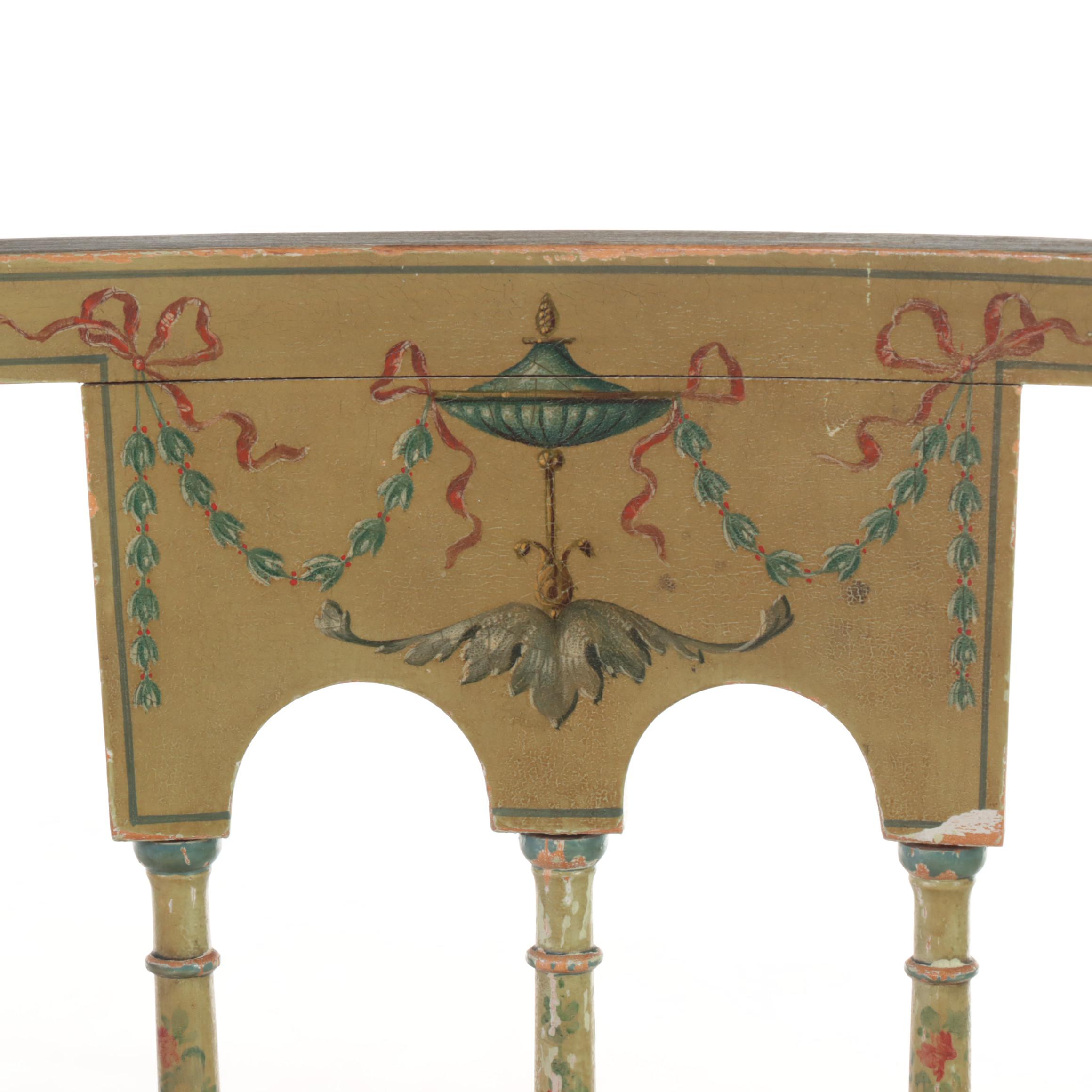 Adam Style Paint-Decorated Open Armchair with Victorian Needlepoint Footstool