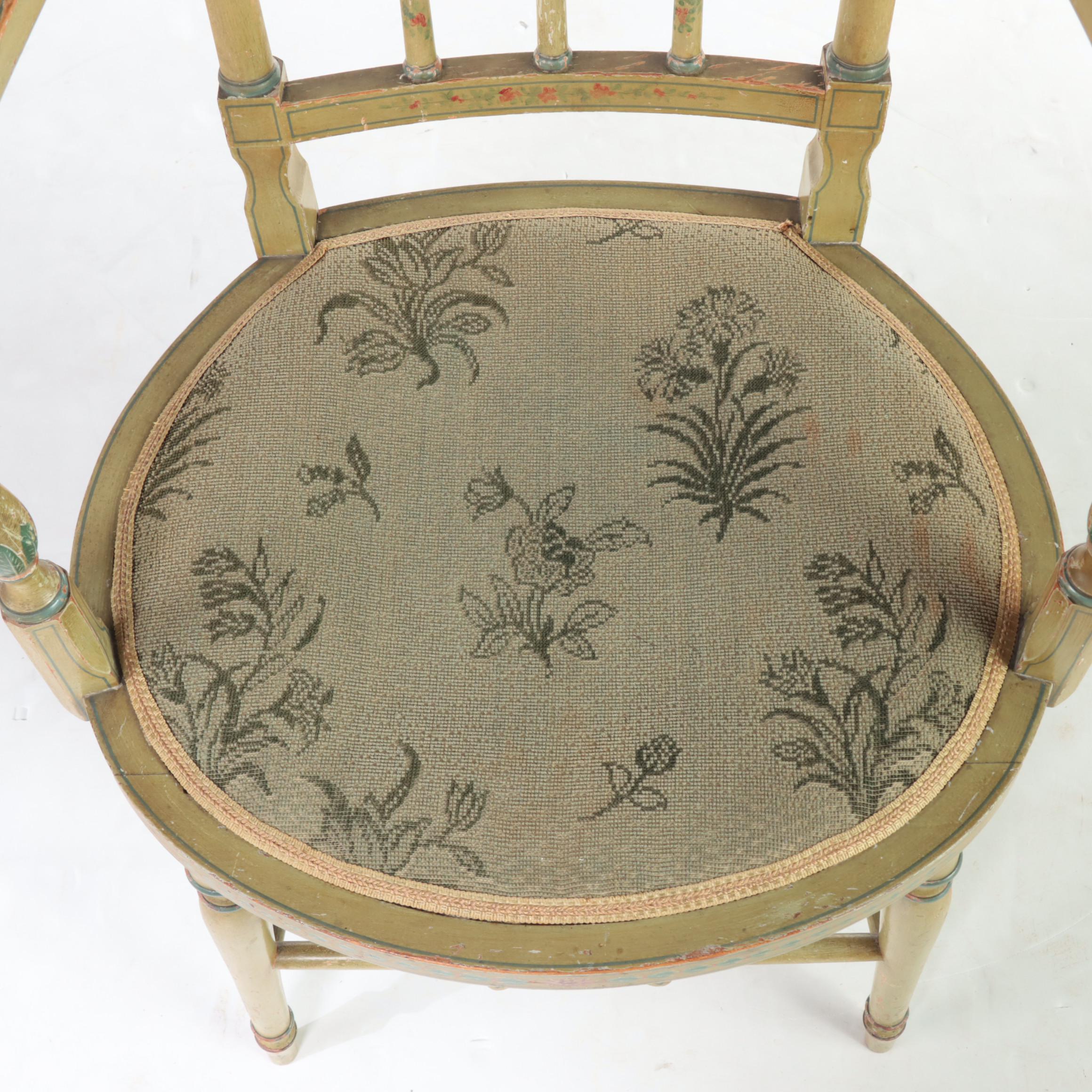 Adam Style Paint-Decorated Open Armchair with Victorian Needlepoint Footstool