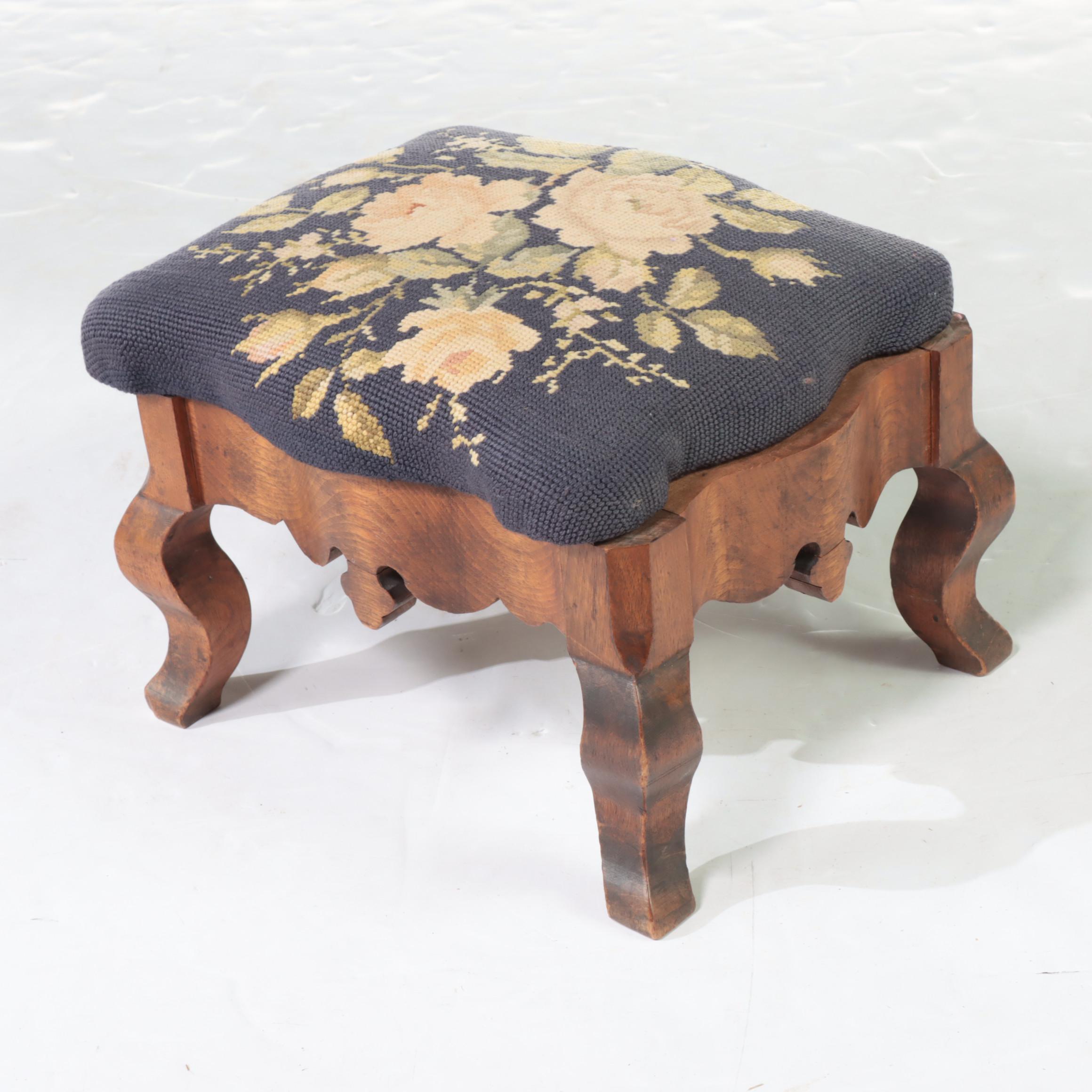 Adam Style Paint-Decorated Open Armchair with Victorian Needlepoint Footstool