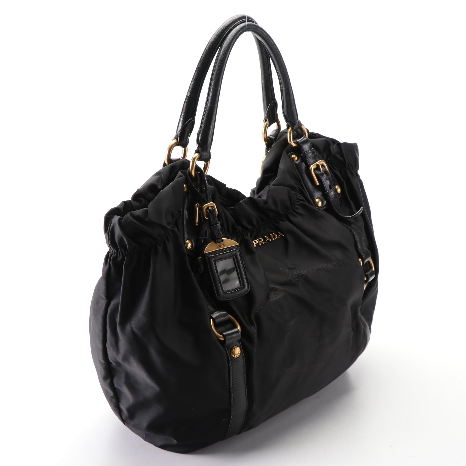 Prada Tessuto Logo Tote in Black Nylon and Leather Trim