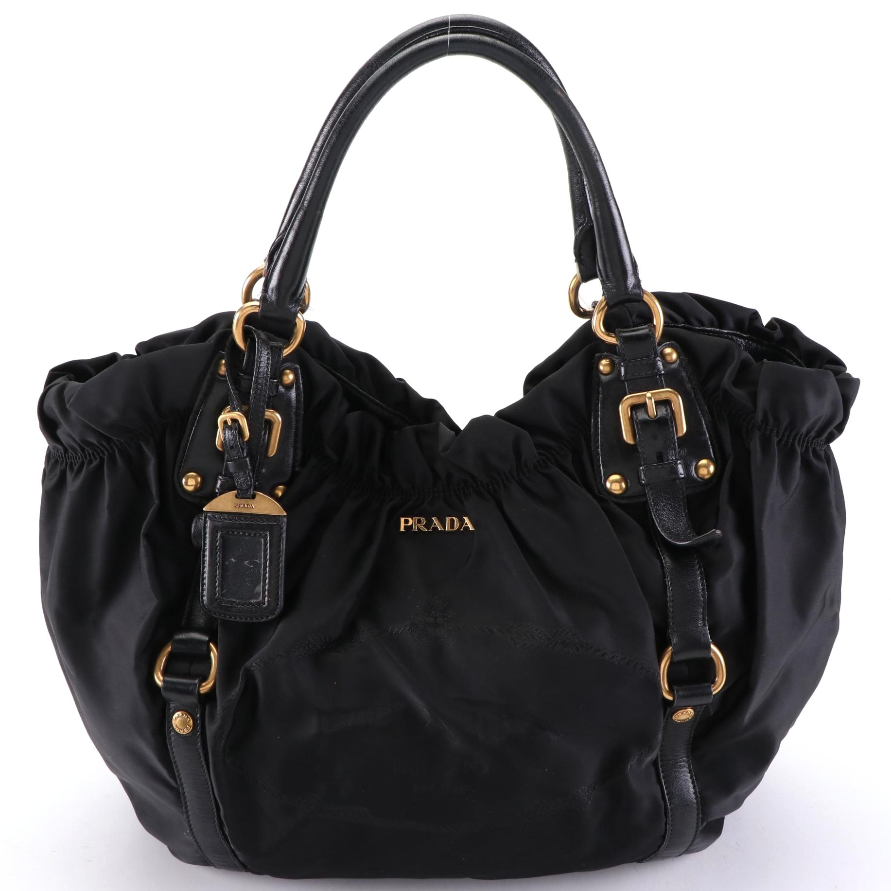 Prada Tessuto Logo Tote in Black Nylon and Leather Trim