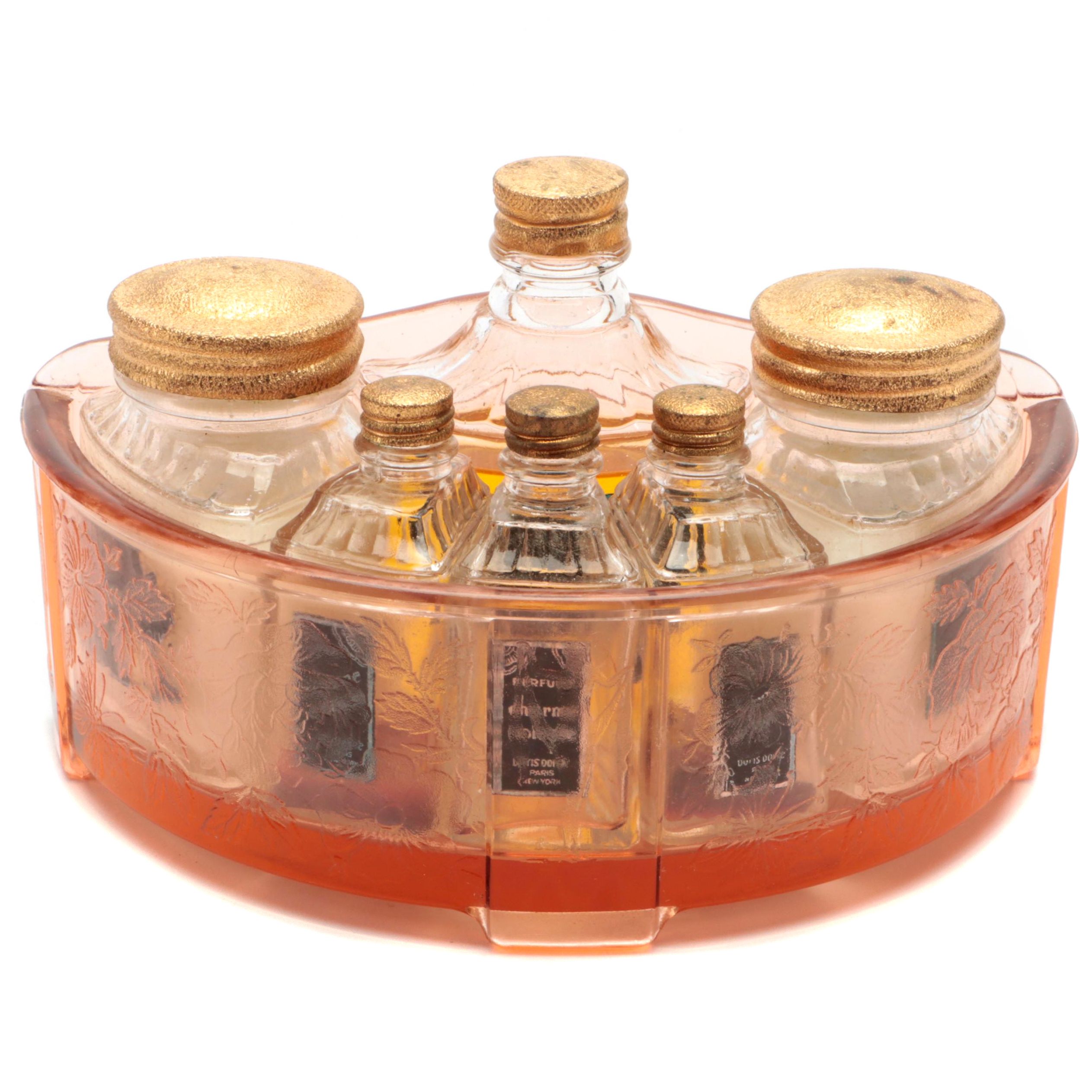 Doris Dorie Paris "Charme Volupte" Pink Art Deco Vanity and Perfume Bottles Set