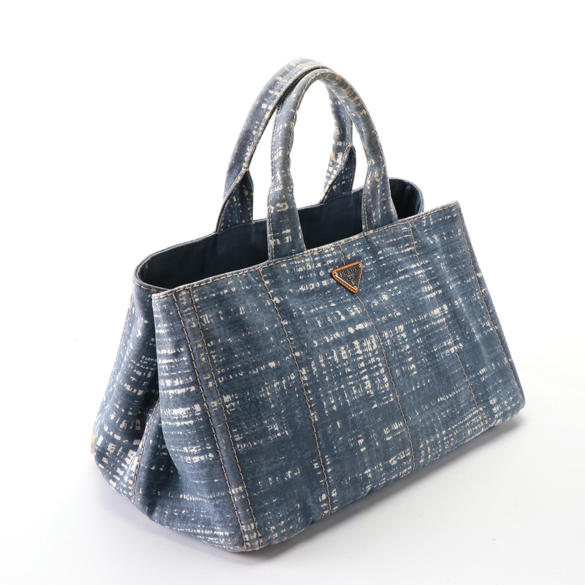 Prada Canapa Shopping Tote in Distressed Denim Tweed Print Canvas