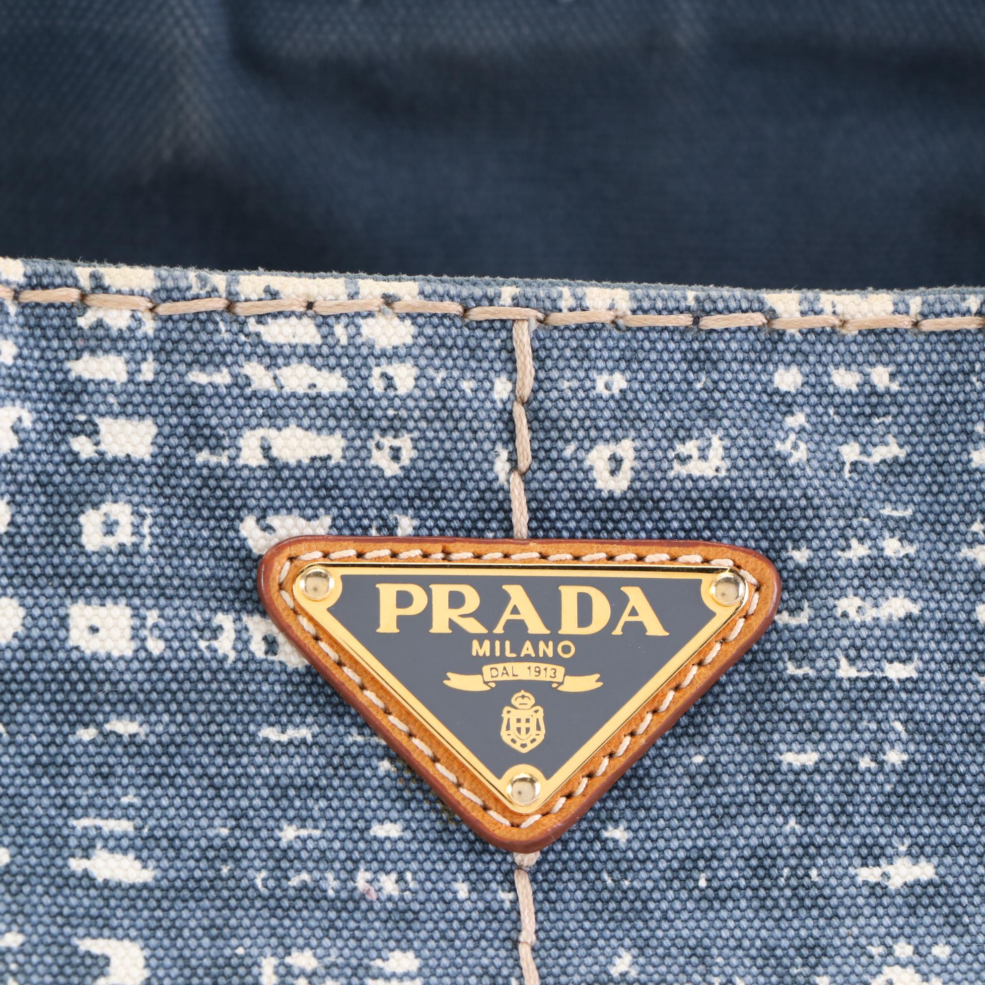 Prada Canapa Shopping Tote in Distressed Denim Tweed Print Canvas