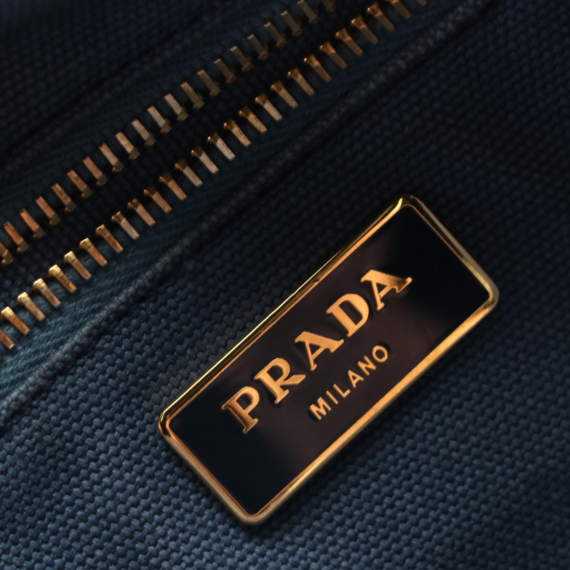 Prada Canapa Shopping Tote in Distressed Denim Tweed Print Canvas