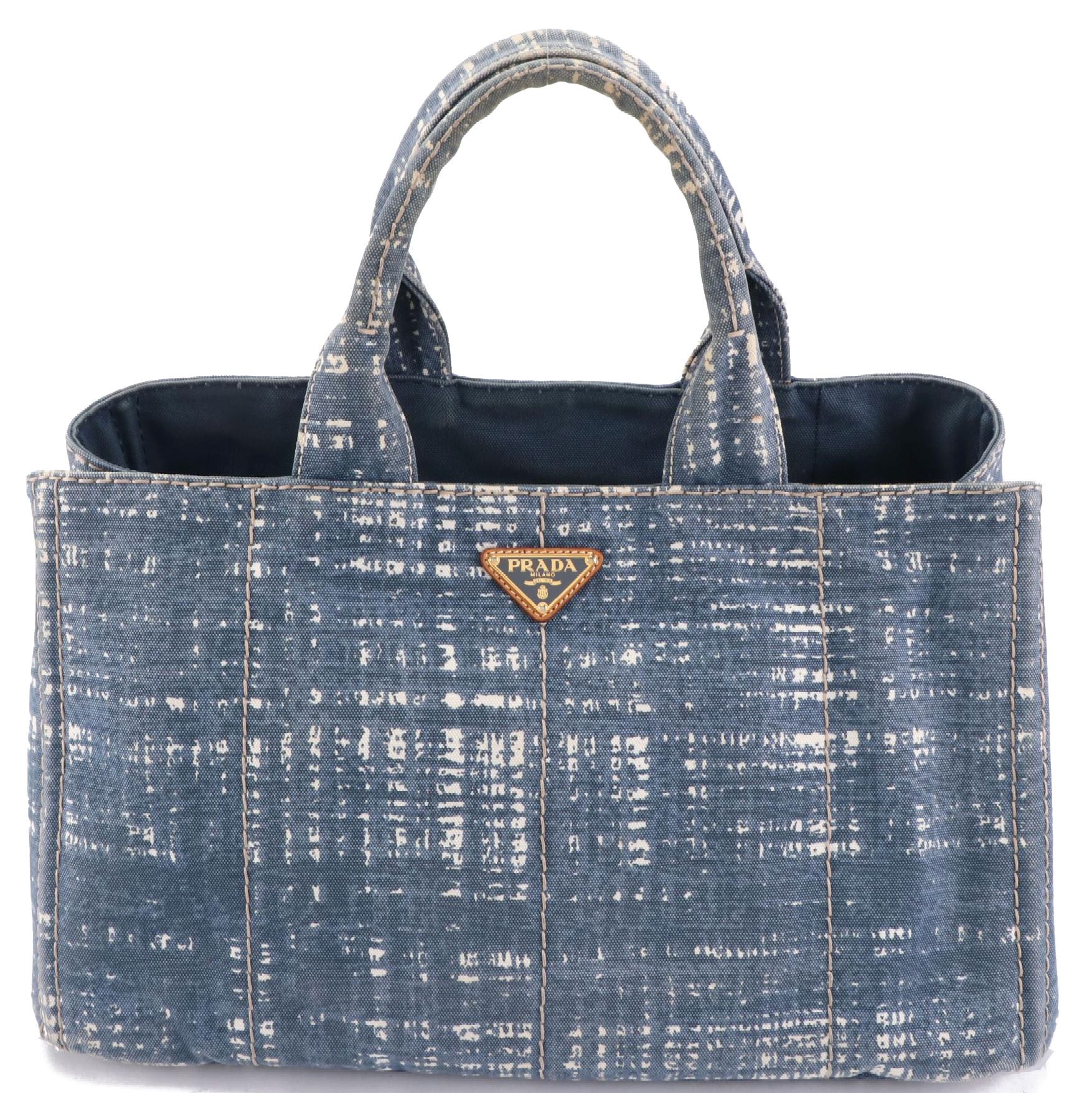 Prada Canapa Shopping Tote in Distressed Denim Tweed Print Canvas