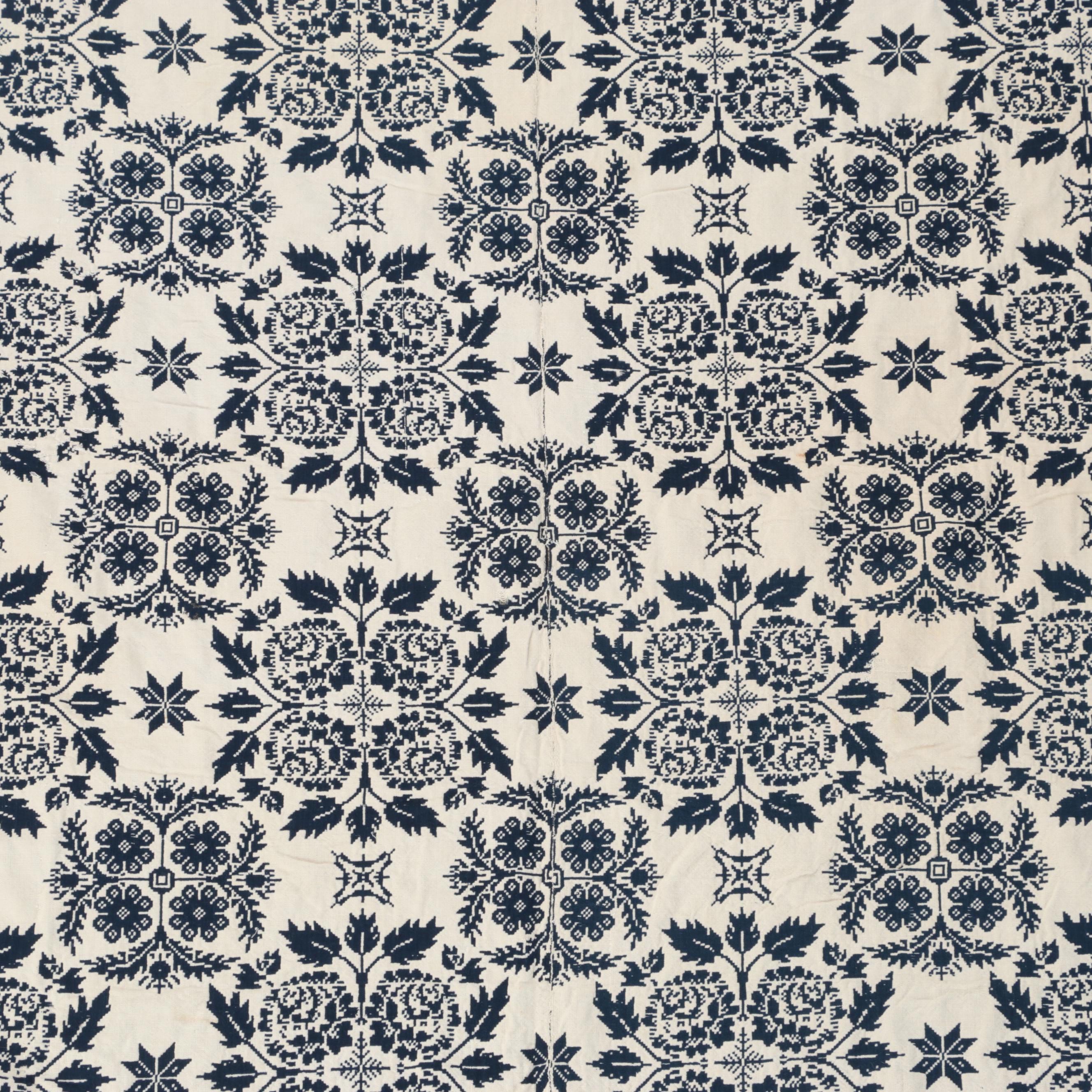 American Blue and White Woven Coverlet, 1840