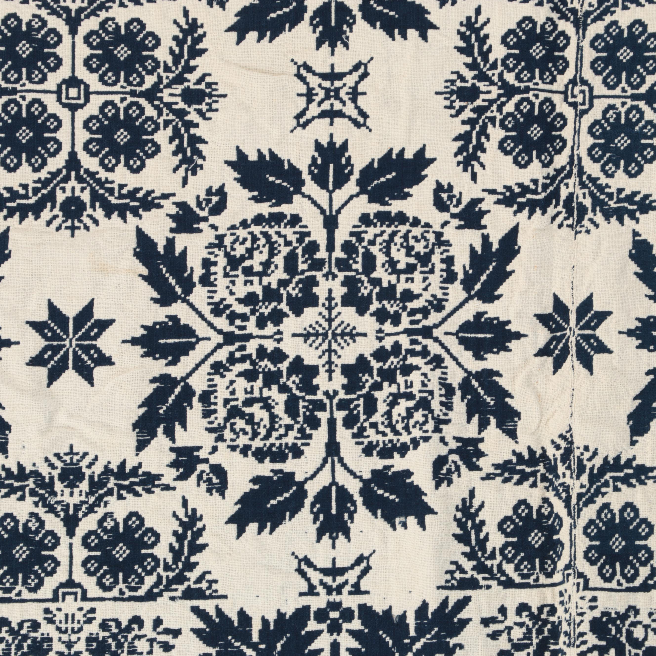 American Blue and White Woven Coverlet, 1840