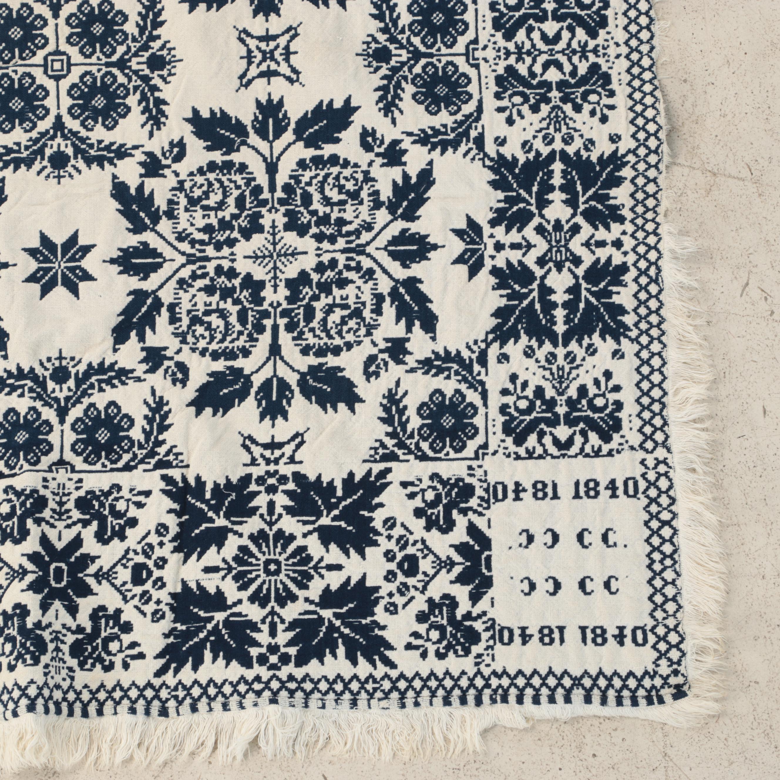 American Blue and White Woven Coverlet, 1840