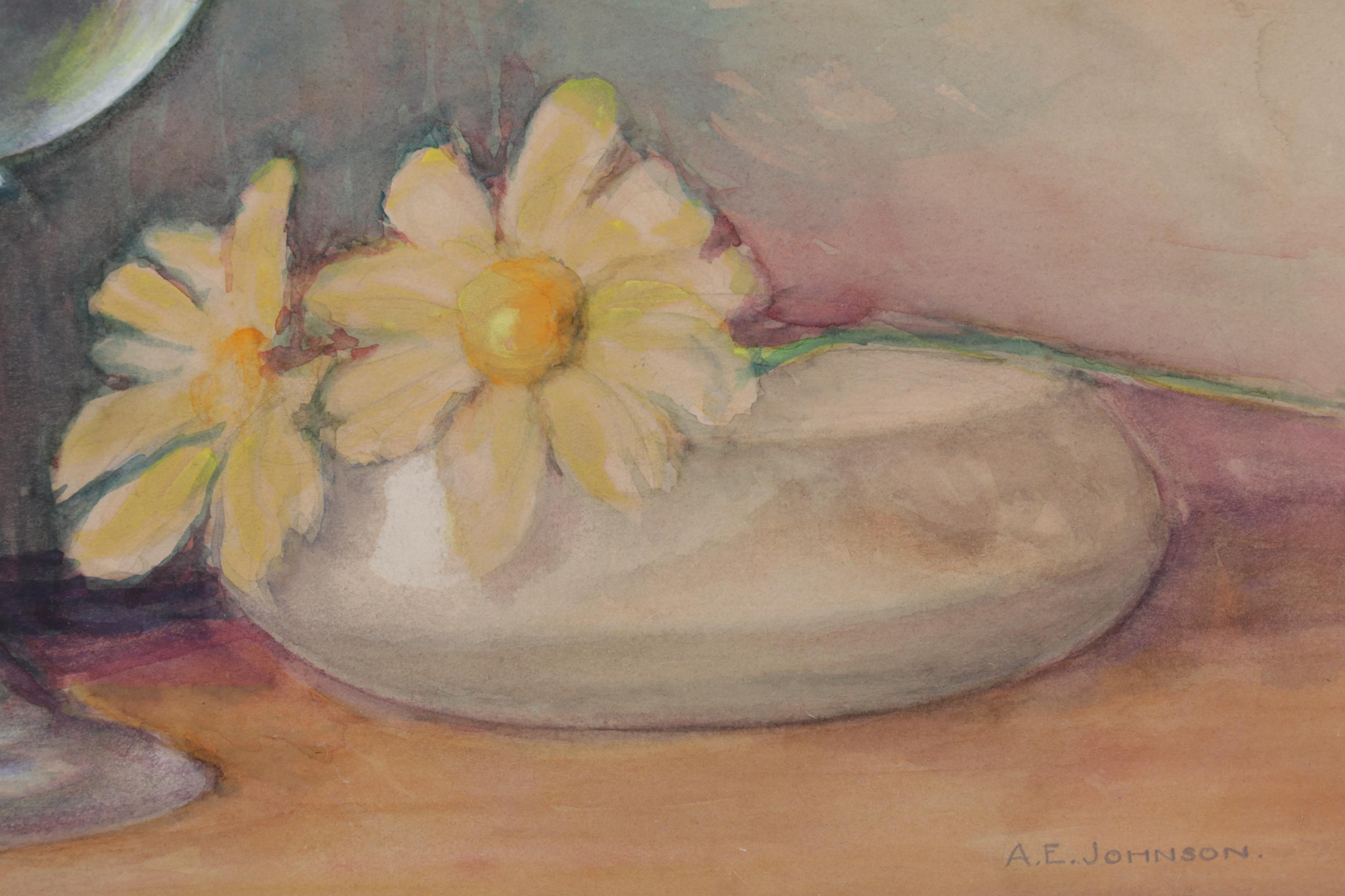Adele E. Johnson Watercolor Painting of Vase and Daisies, Circa 1930