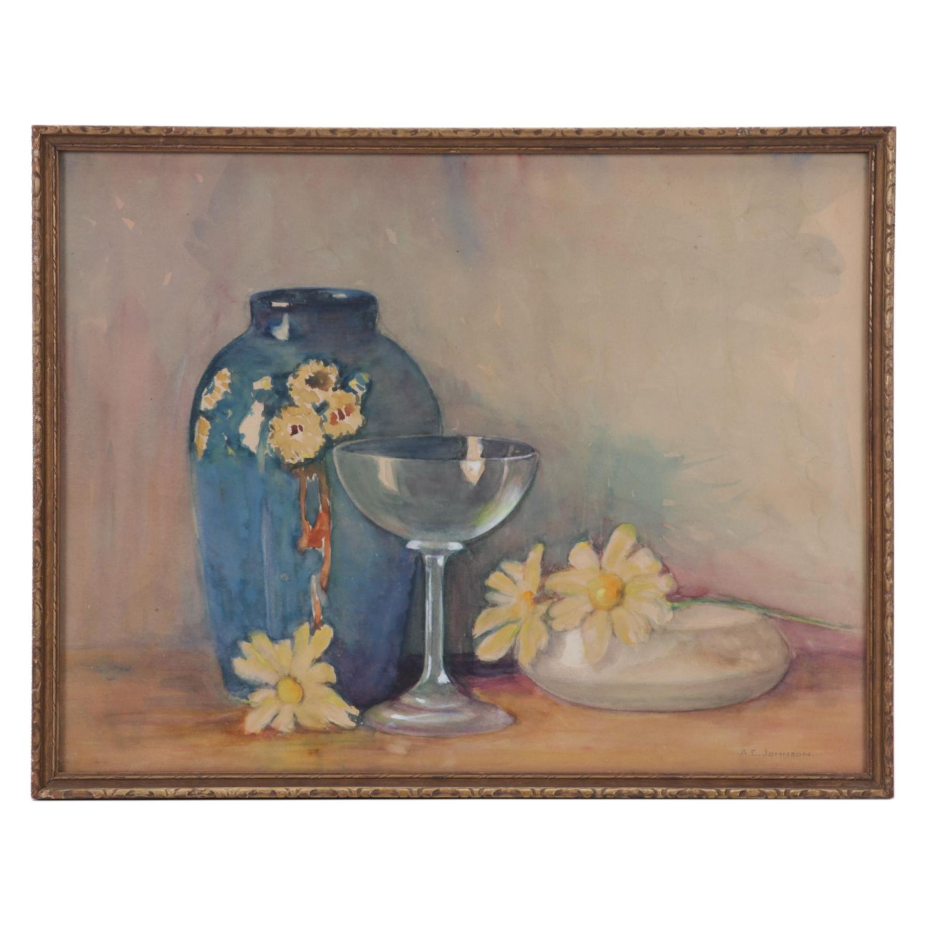 Adele E. Johnson Watercolor Painting of Vase and Daisies, Circa 1930