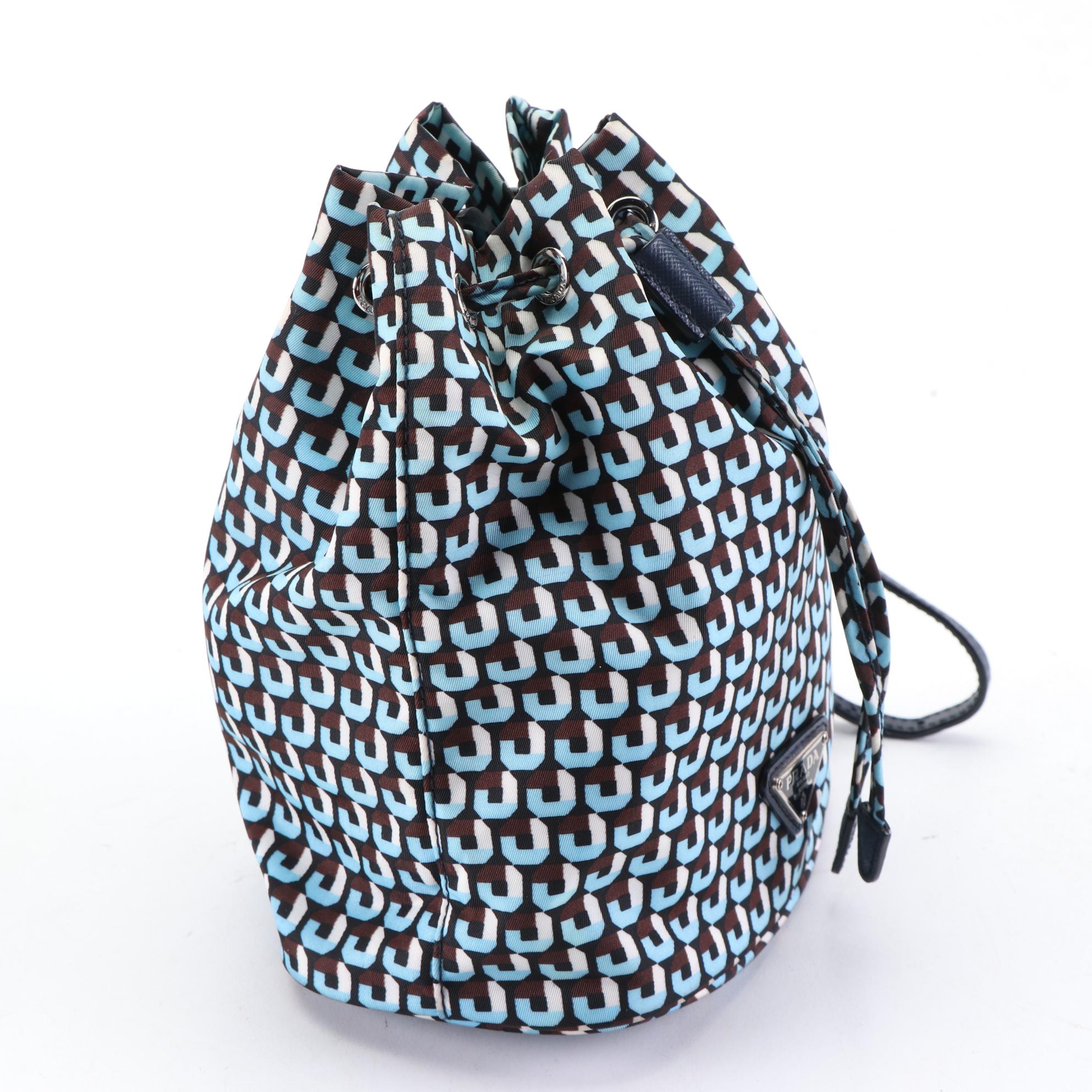 Prada Mini Drawstring Bag in Printed Nylon with Saffiano Leather Trim