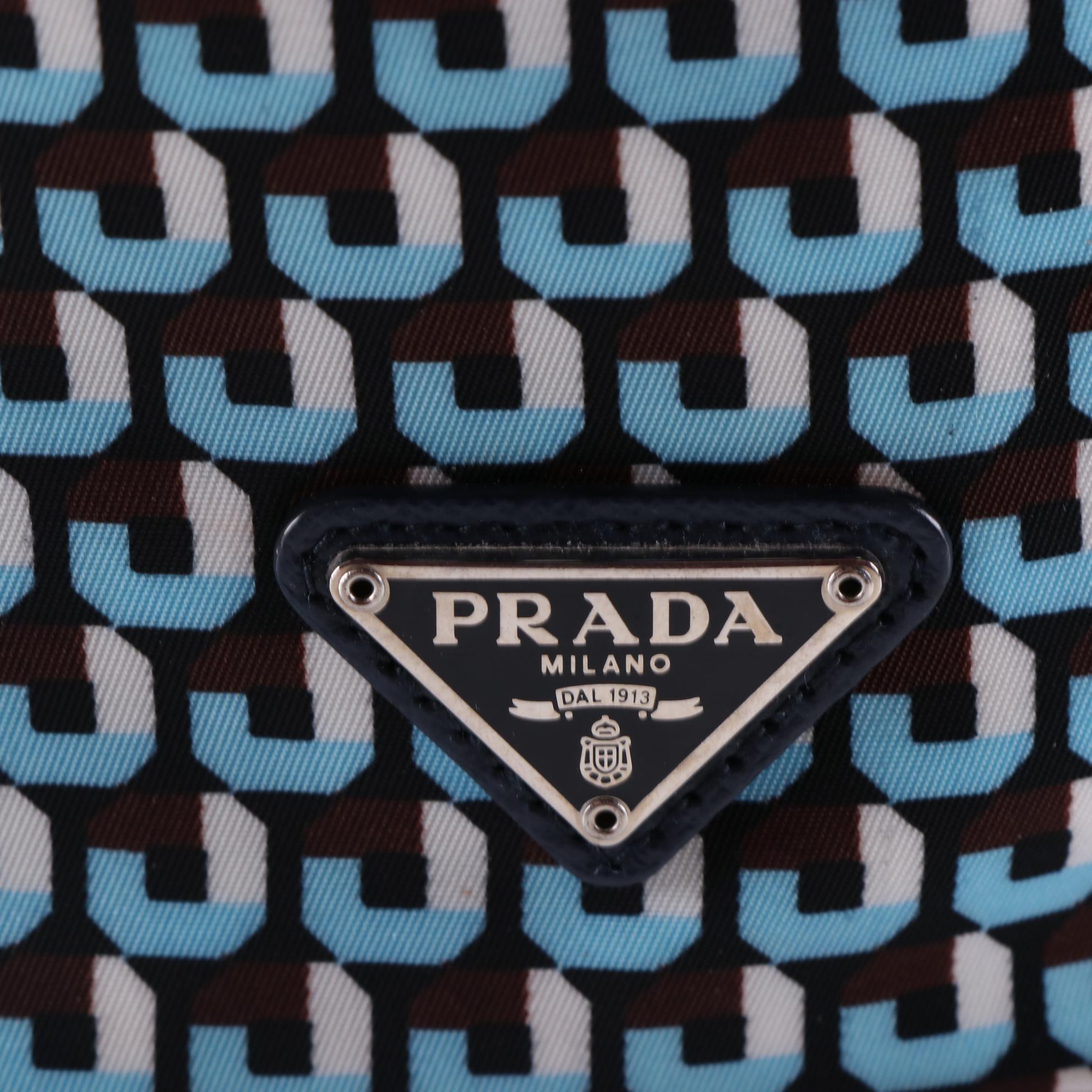 Prada Mini Drawstring Bag in Printed Nylon with Saffiano Leather Trim