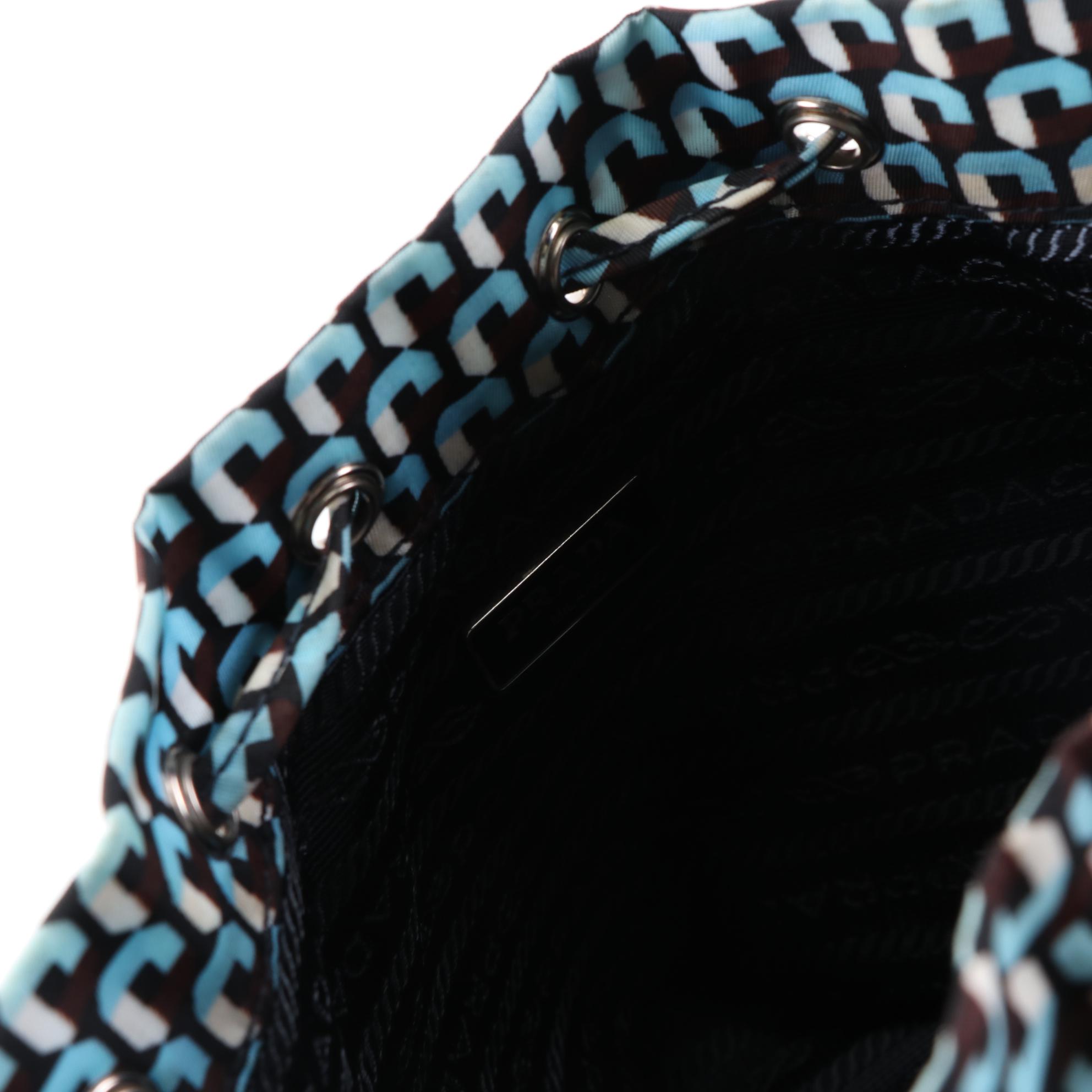 Prada Mini Drawstring Bag in Printed Nylon with Saffiano Leather Trim