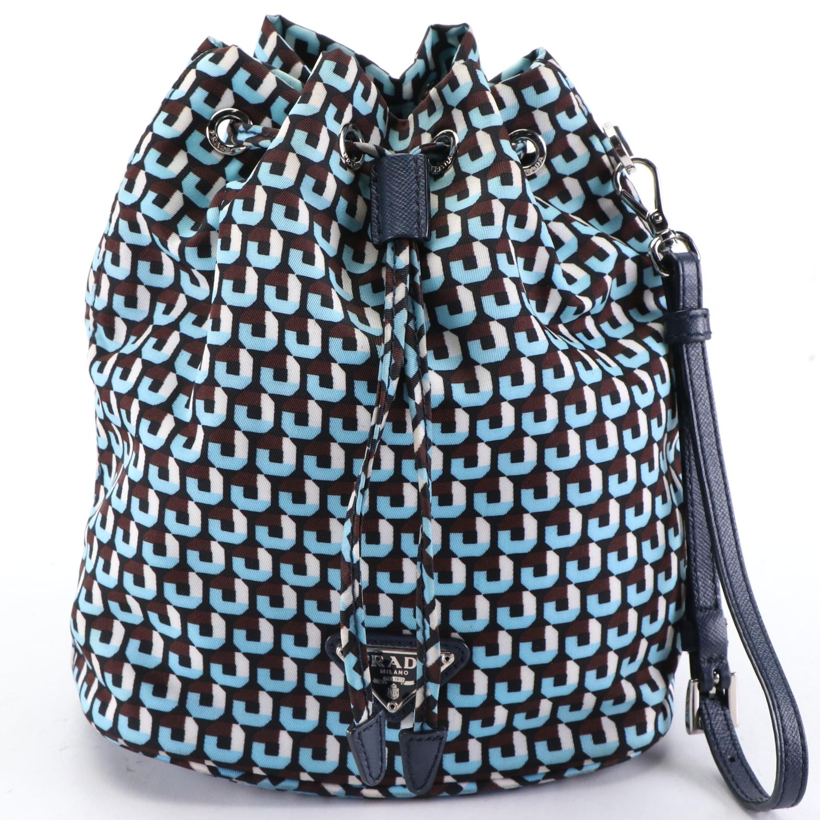 Prada Mini Drawstring Bag in Printed Nylon with Saffiano Leather Trim