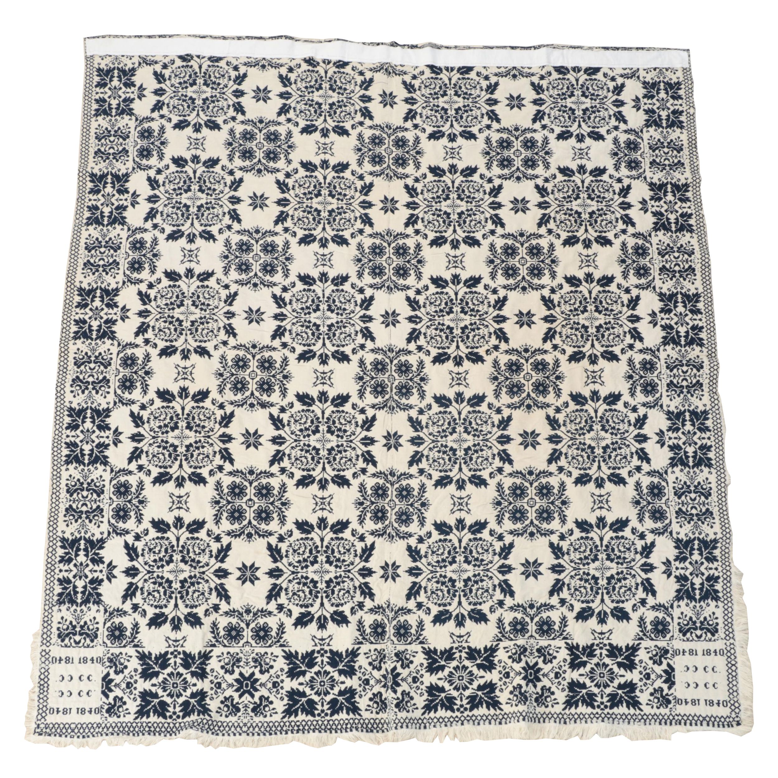 American Blue and White Woven Coverlet, 1840