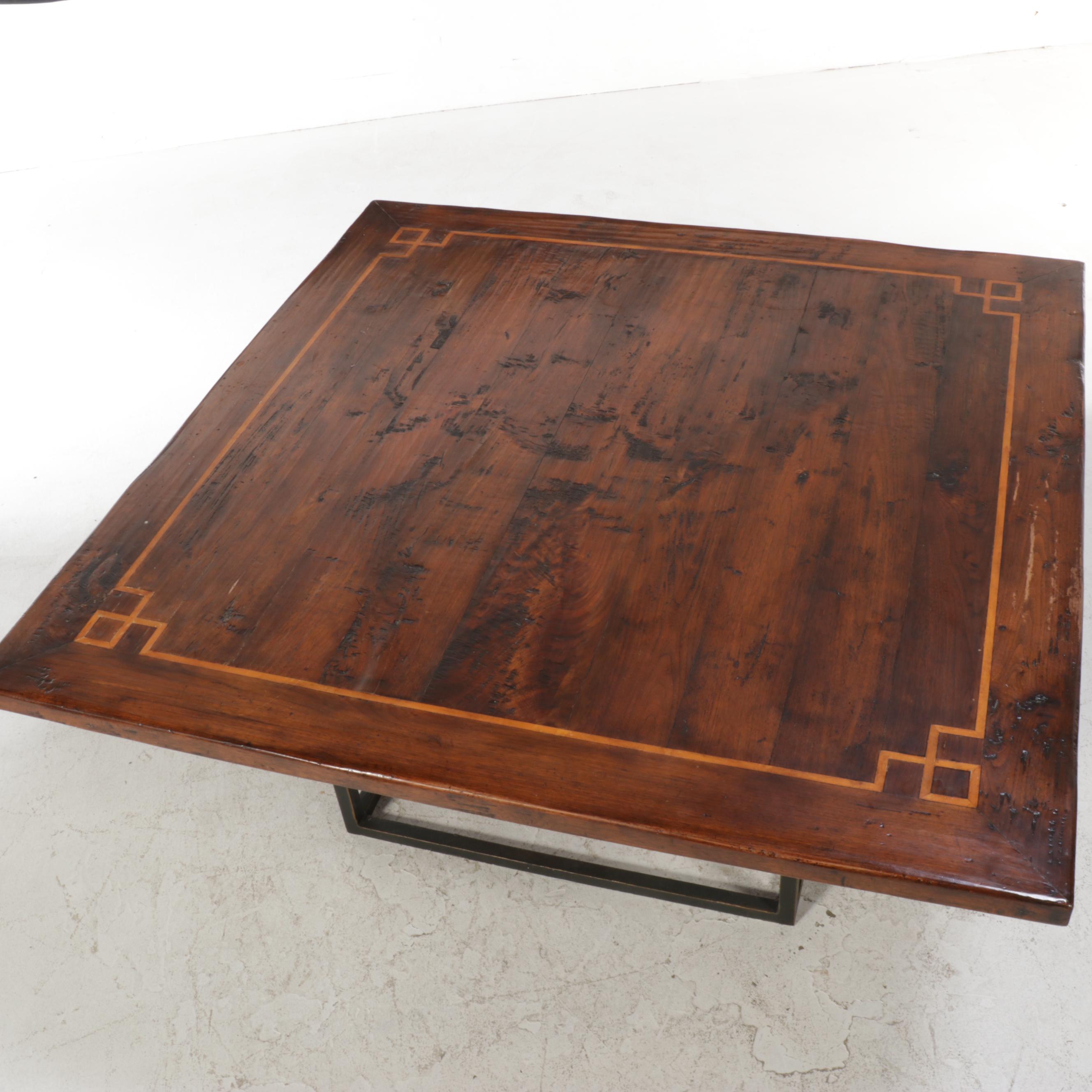 Henerdon Square Inlaid and Hand-Scraped Dining Table on Iron Framed Base