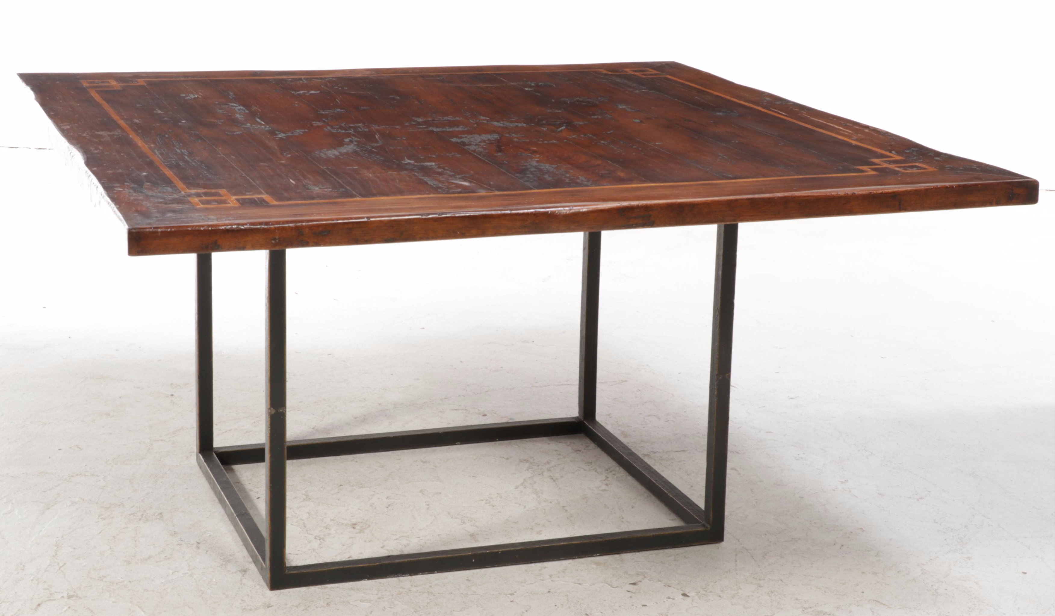 Henerdon Square Inlaid and Hand-Scraped Dining Table on Iron Framed Base