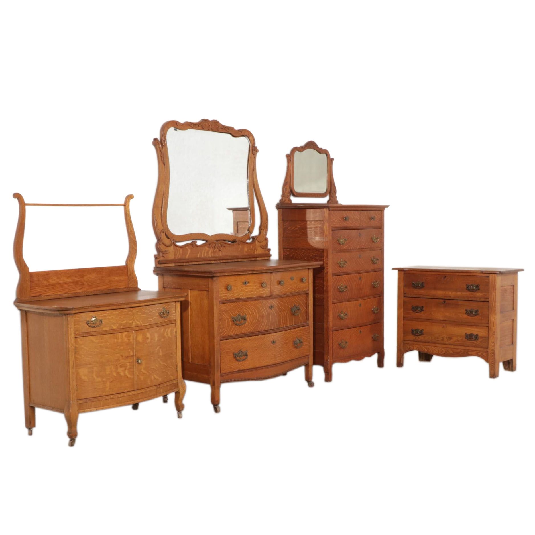 Late Victorian Oak and Ash Chest of Drawers, Dressers and Washstand