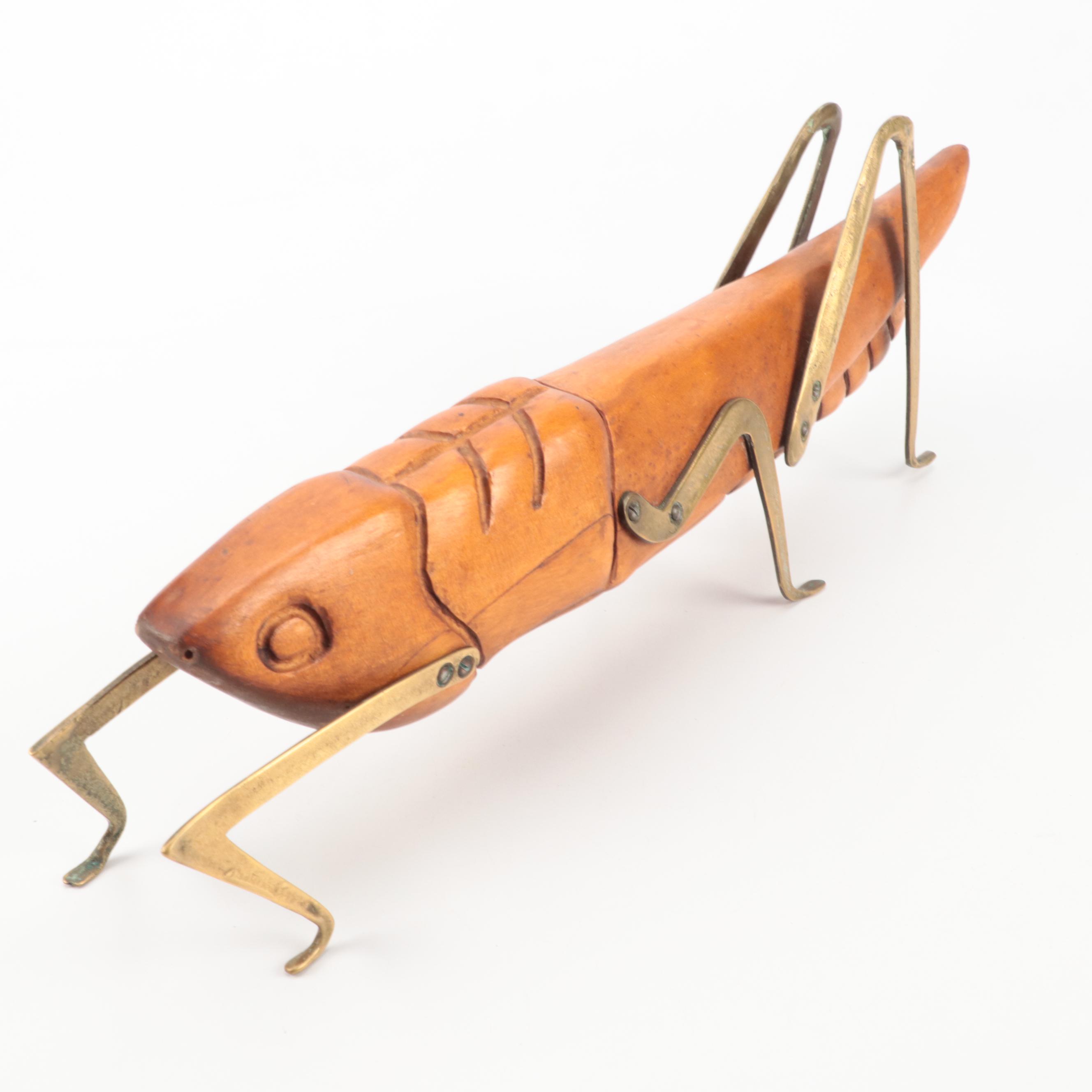 Large Hand-Carved Wood and Brass Cricket Figurine