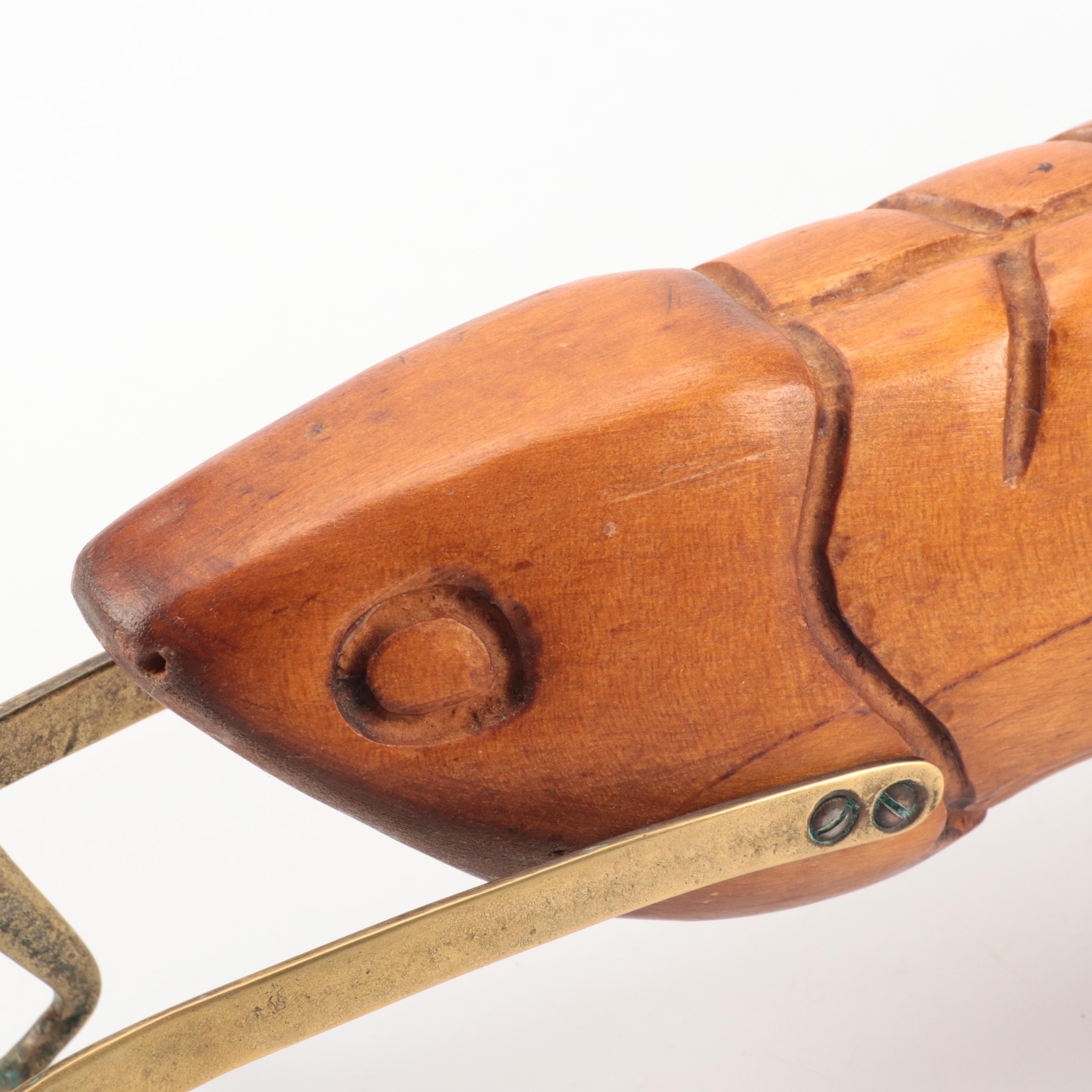 Large Hand-Carved Wood and Brass Cricket Figurine