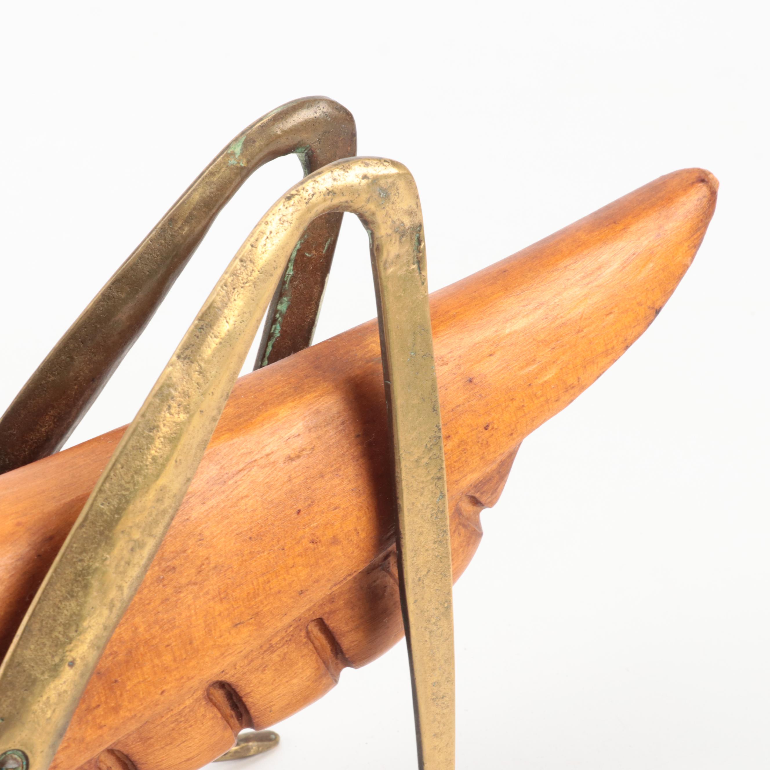Large Hand-Carved Wood and Brass Cricket Figurine