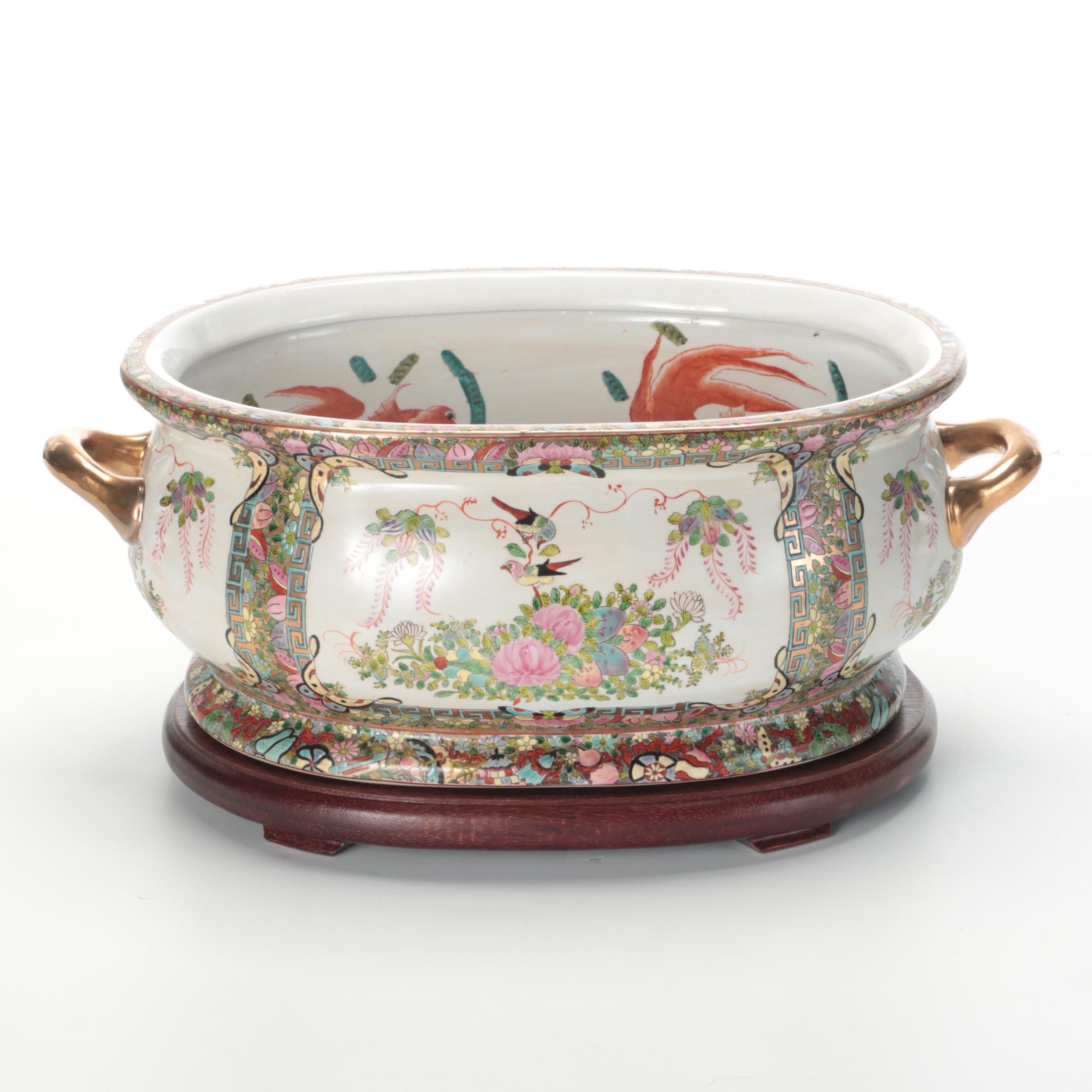 Chinese Porcelain Famille Rose Foot Bath Planter on Wooden Stand