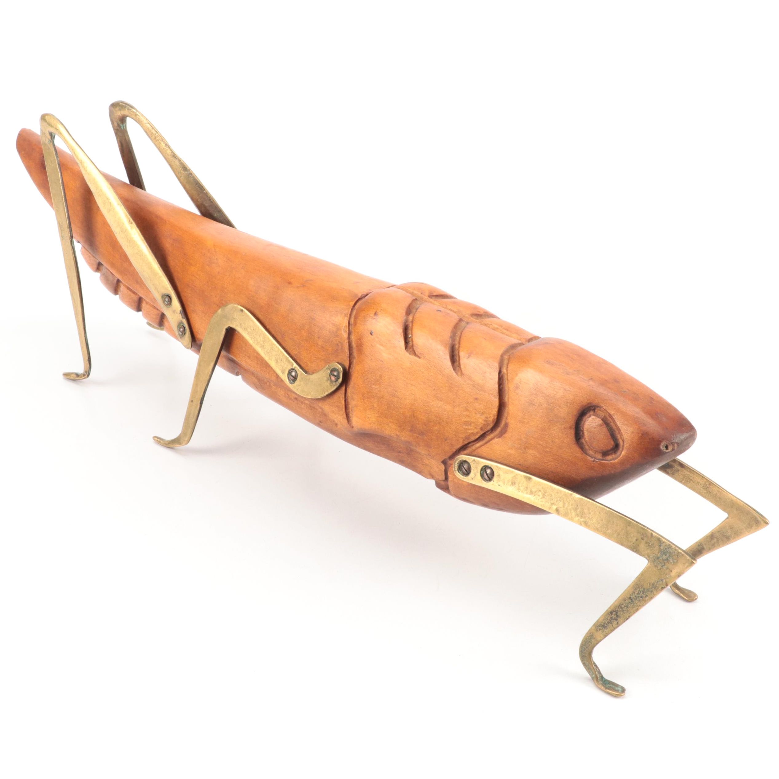 Large Hand-Carved Wood and Brass Cricket Figurine