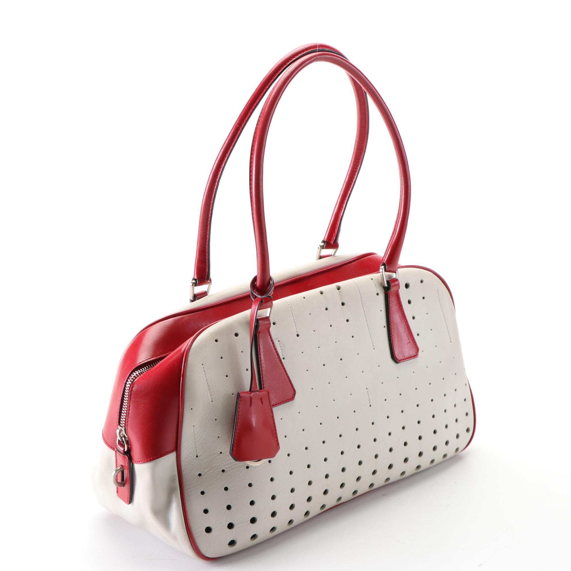Prada Bauletto Handbag in Perforated and Smooth Two-Tone Leather