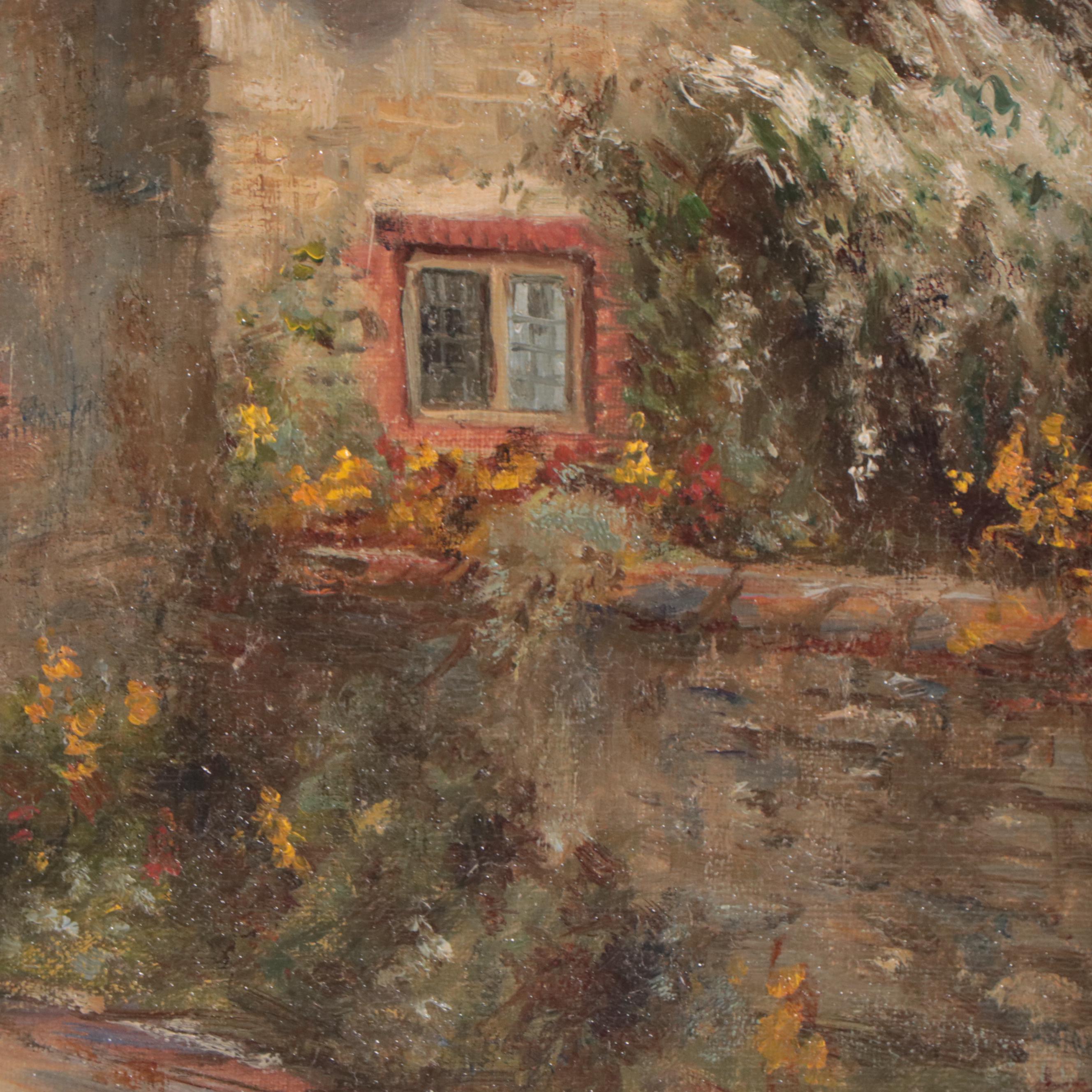 Frank Moss Bennett Oil Painting of Thatched Roof Village Landscape, 1917