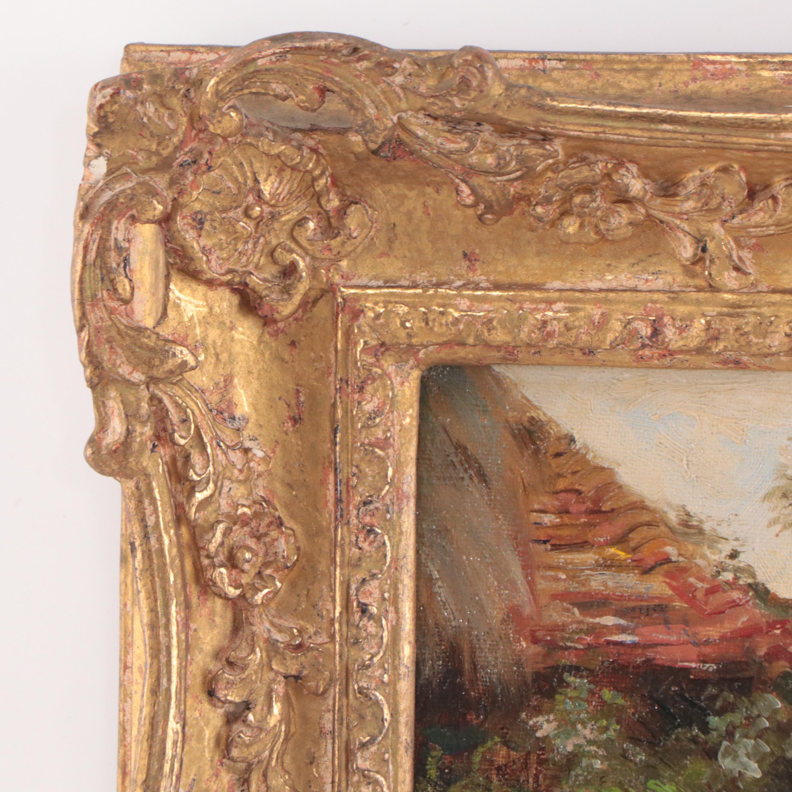 Frank Moss Bennett Oil Painting of Thatched Roof Village Landscape, 1917