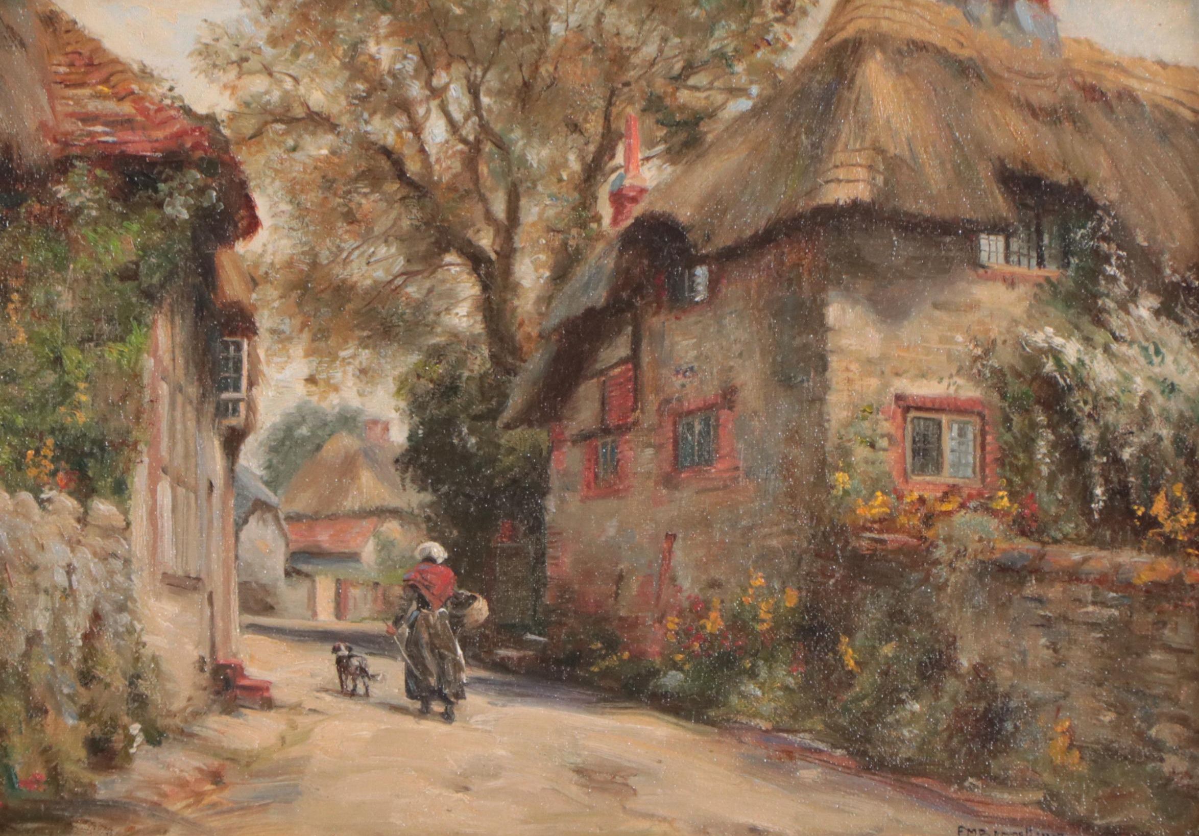 Frank Moss Bennett Oil Painting of Thatched Roof Village Landscape, 1917