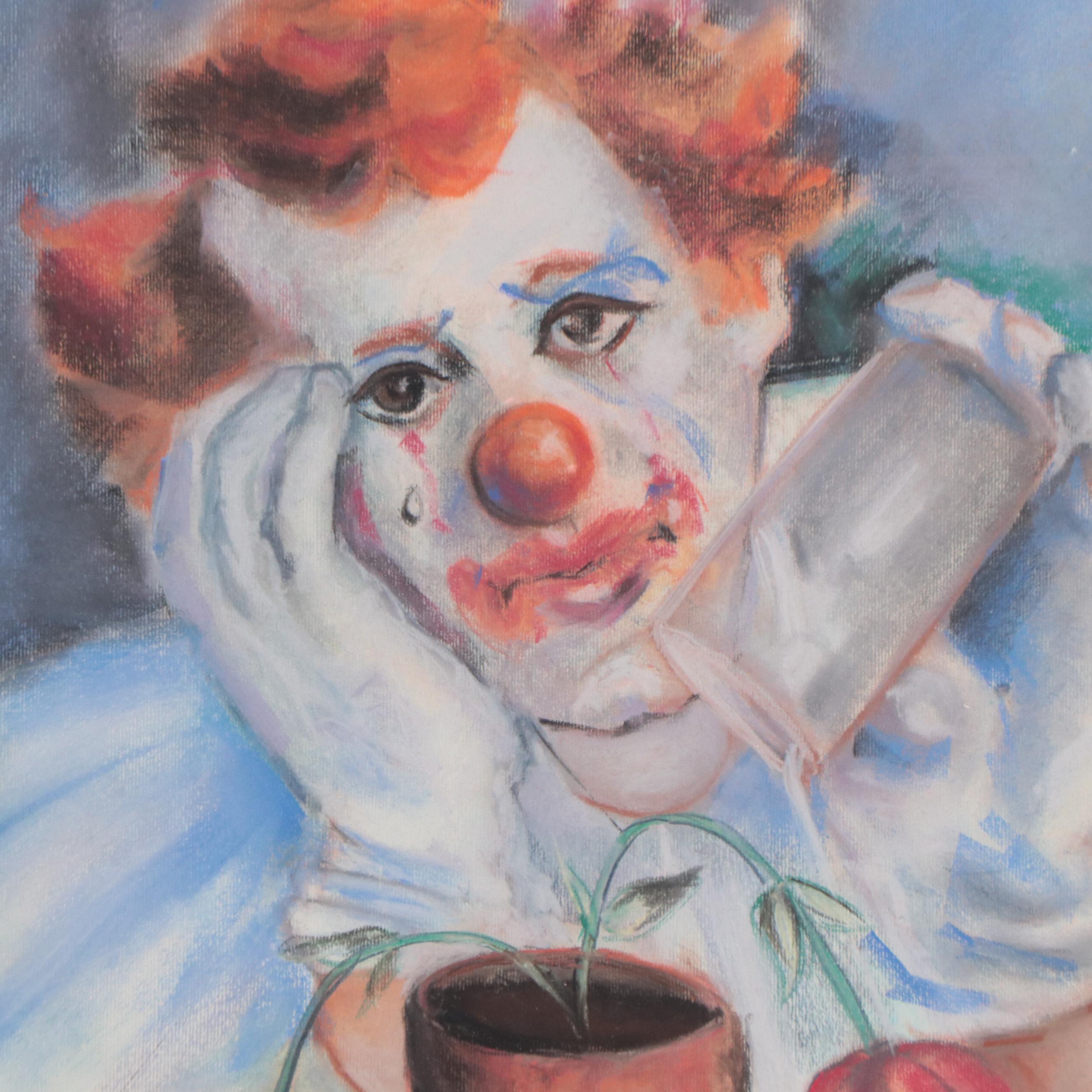 Pastel Drawing of a Sad Clown Watering Flowers, 1977
