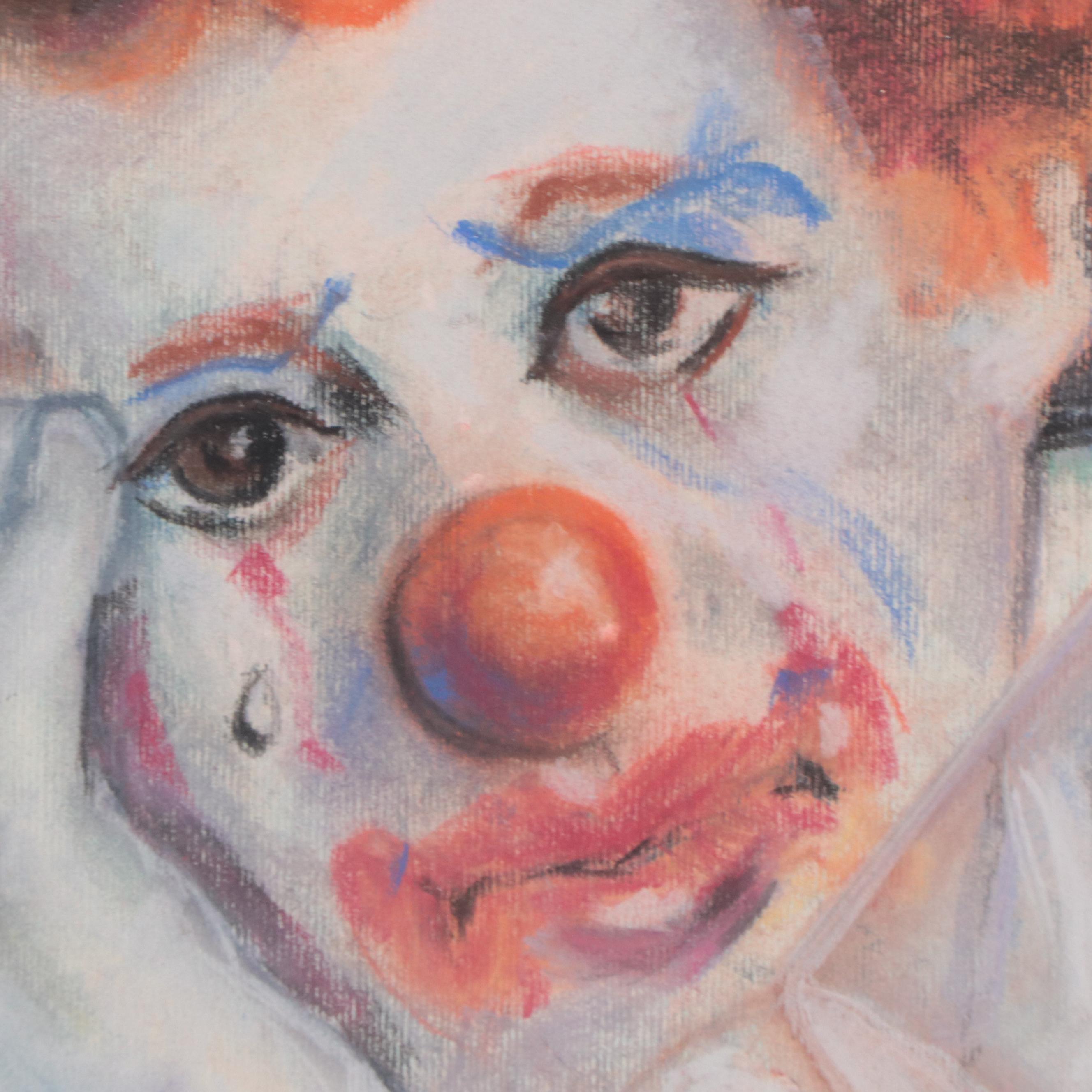 Pastel Drawing of a Sad Clown Watering Flowers, 1977