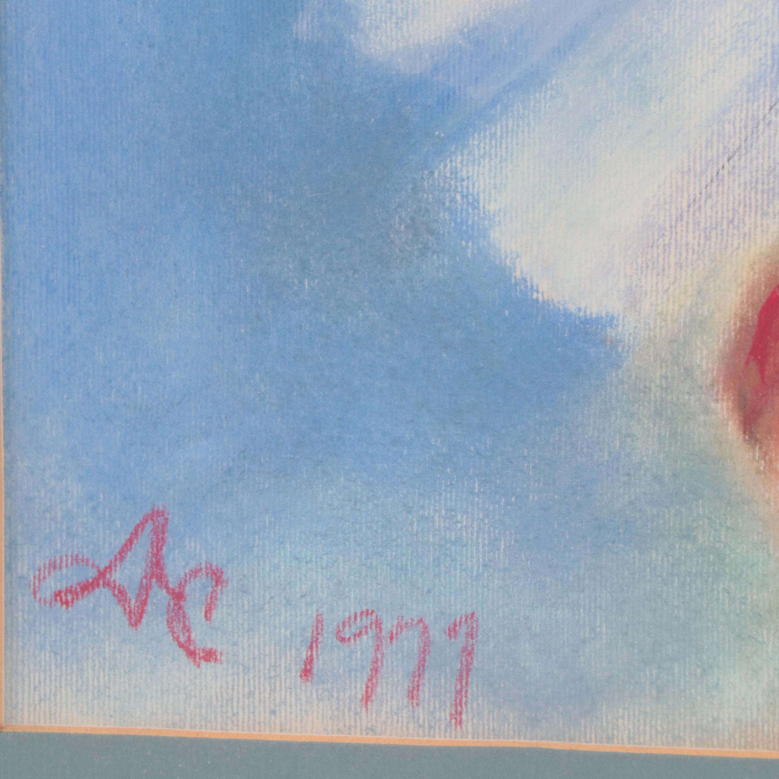 Pastel Drawing of a Sad Clown Watering Flowers, 1977