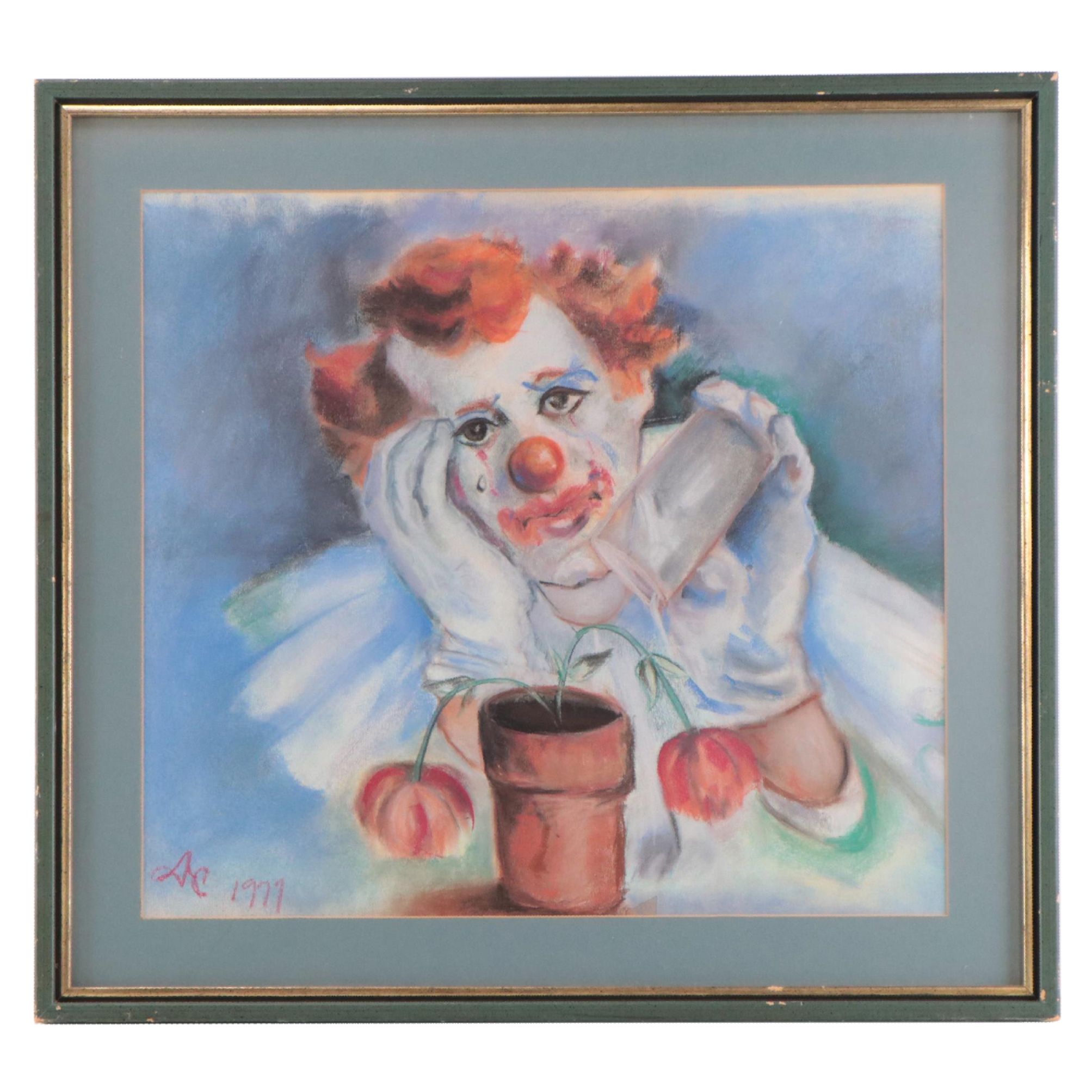 Pastel Drawing of a Sad Clown Watering Flowers, 1977
